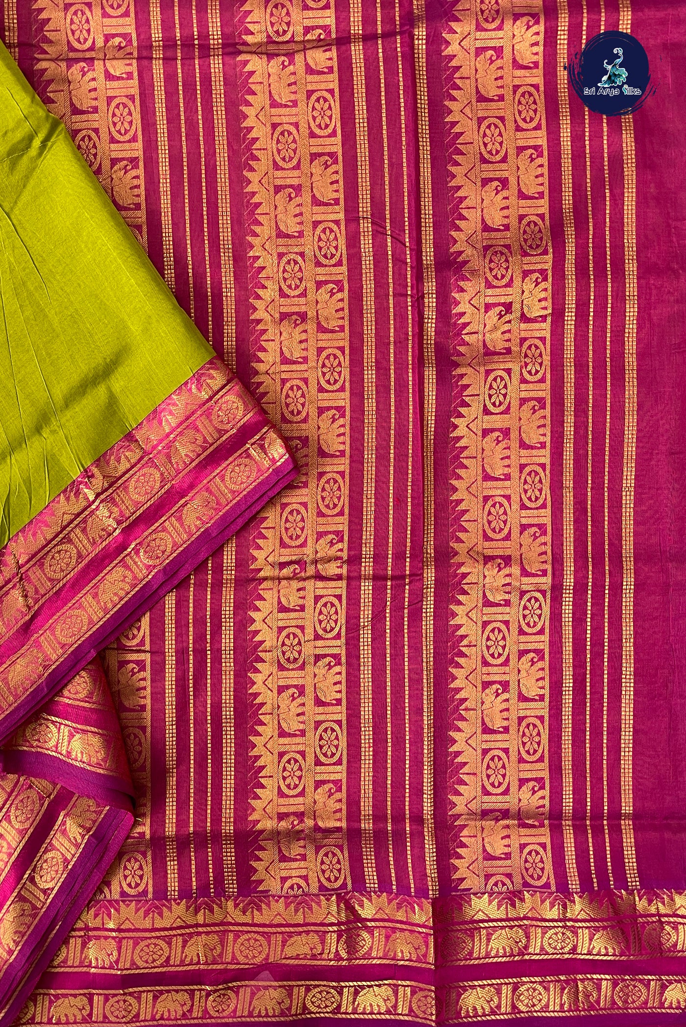 Mehendi Green Half Pure Madisar Silk Cotton Saree With Plain Pattern