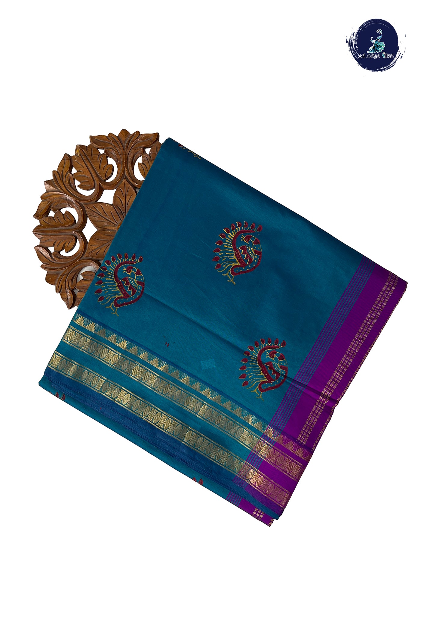 Teal Blue Half Pure Madisar Silk Cotton Saree With Printed Pattern