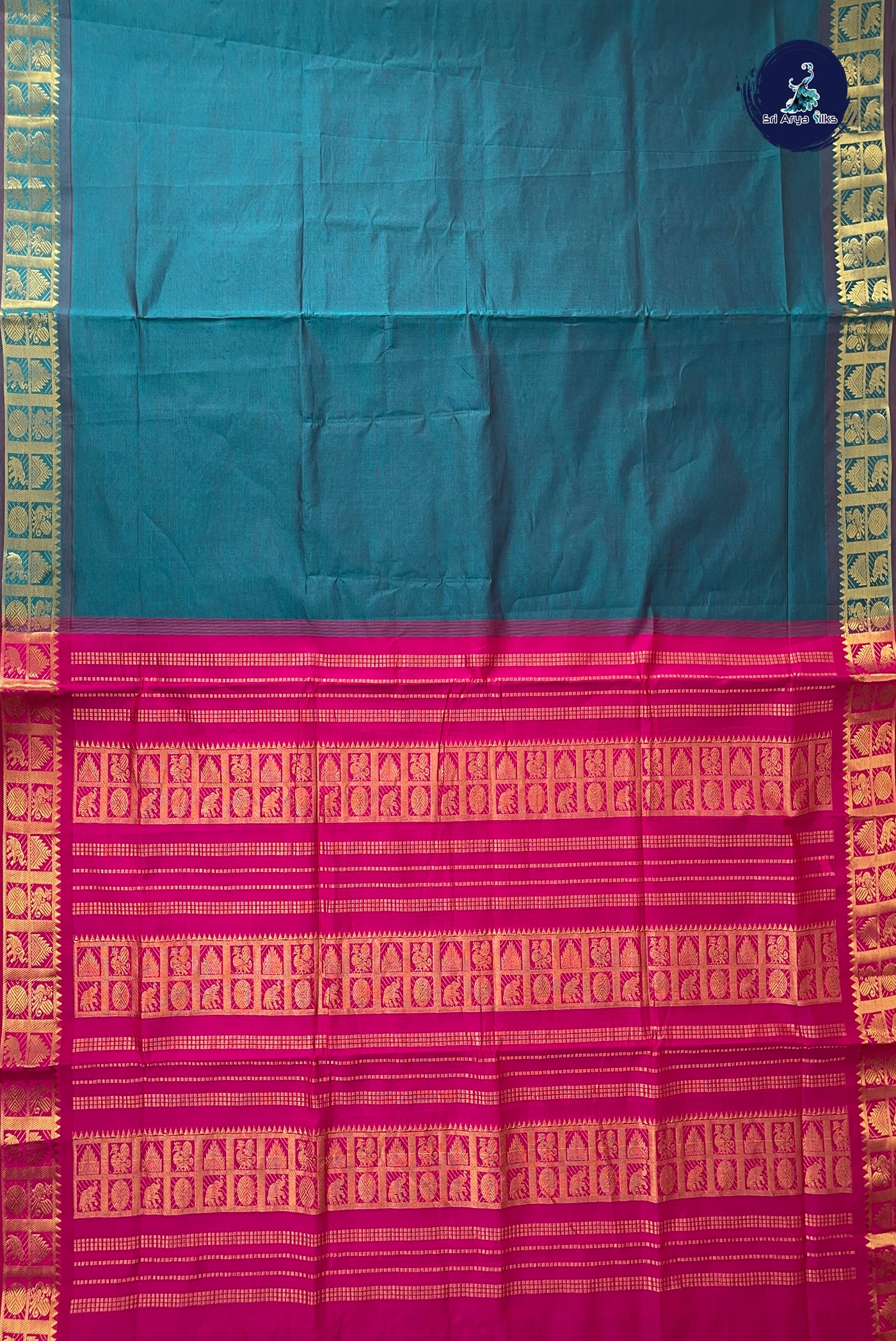 Teal Half Pure Madisar Silk Cotton Saree With Plain Pattern
