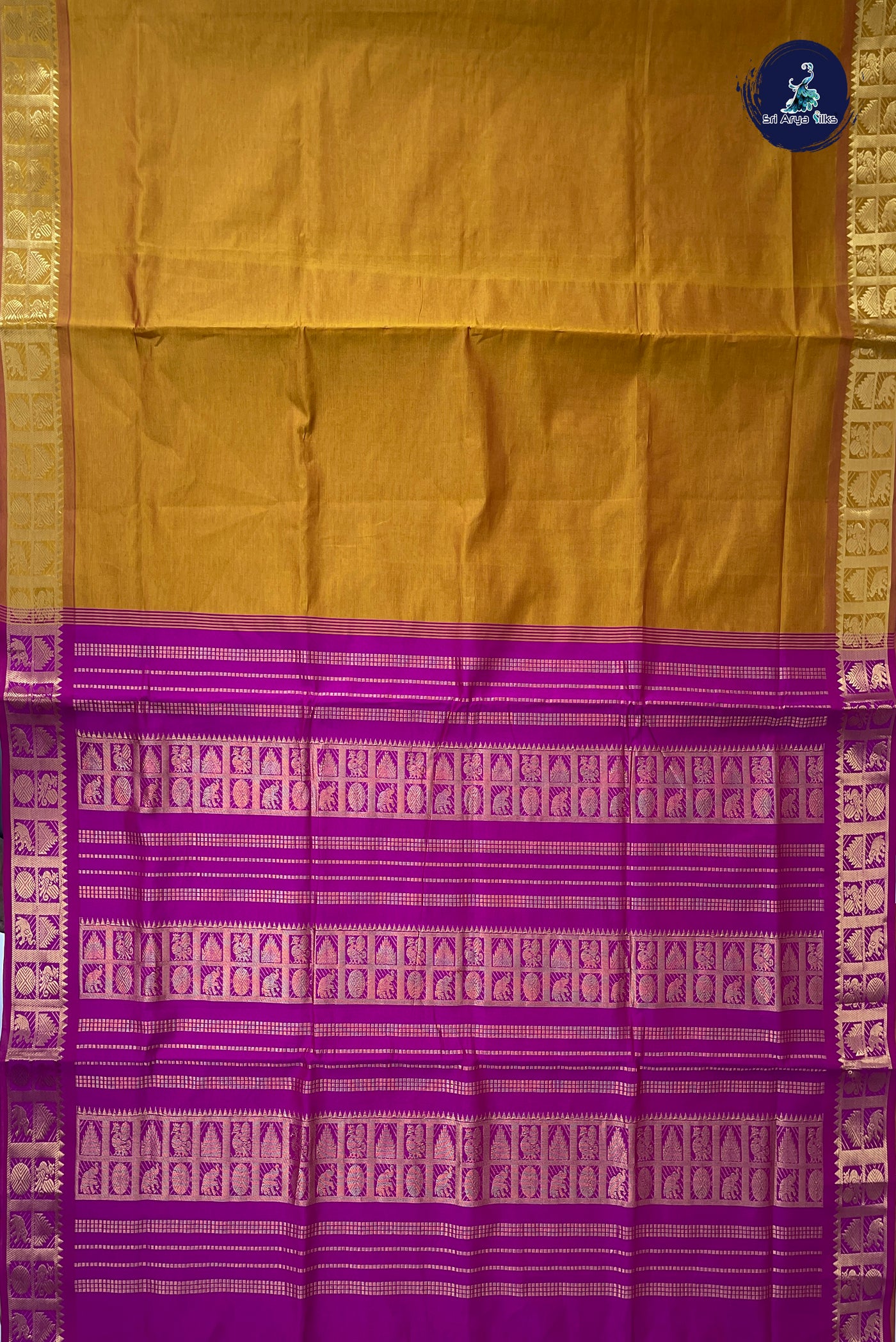 Mustard Yellow Half Pure Madisar Silk Cotton Saree With Plain Pattern