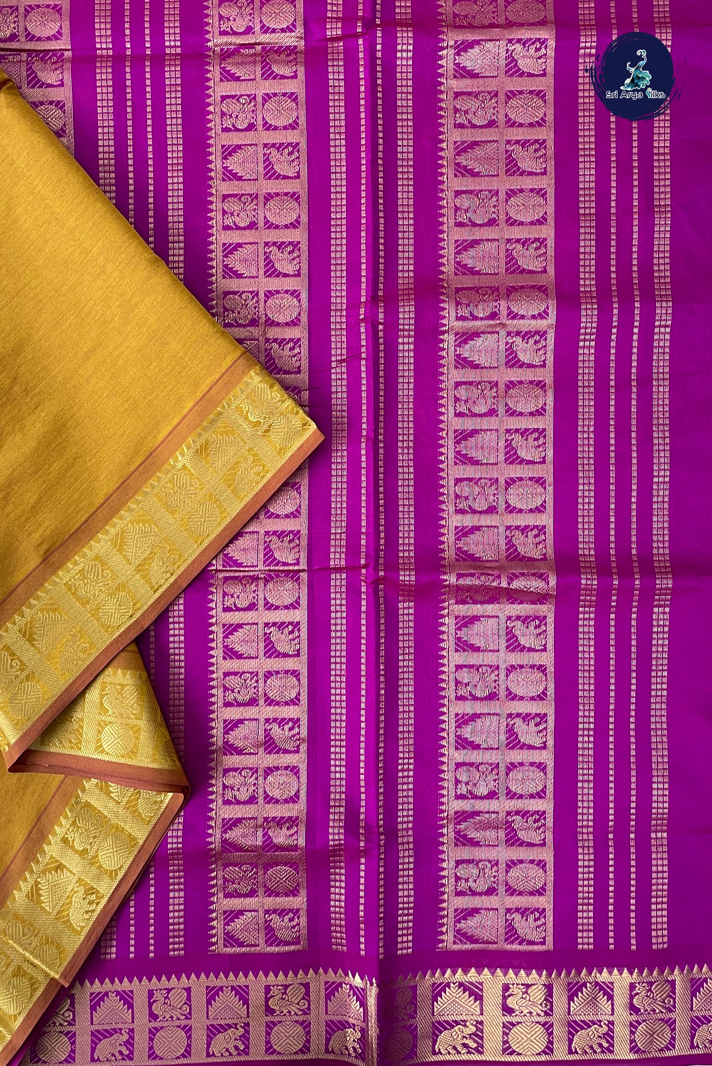 Mustard Yellow Half Pure Madisar Silk Cotton Saree With Plain Pattern