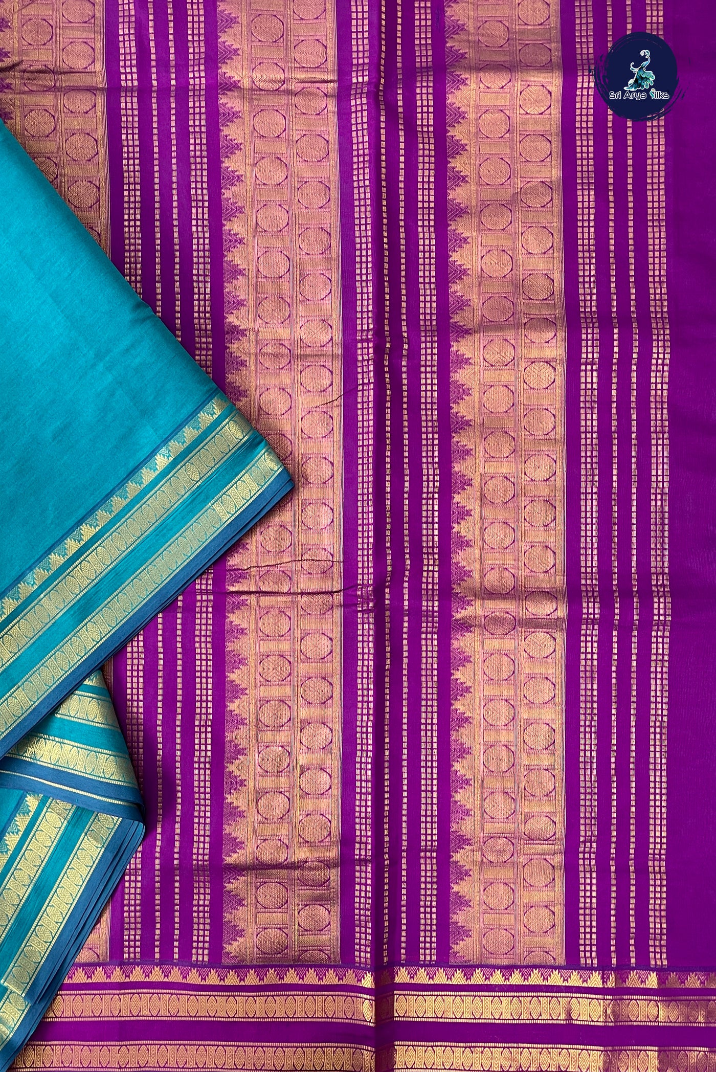Teal Blue Half Pure Madisar Silk Cotton Saree With Plain Pattern