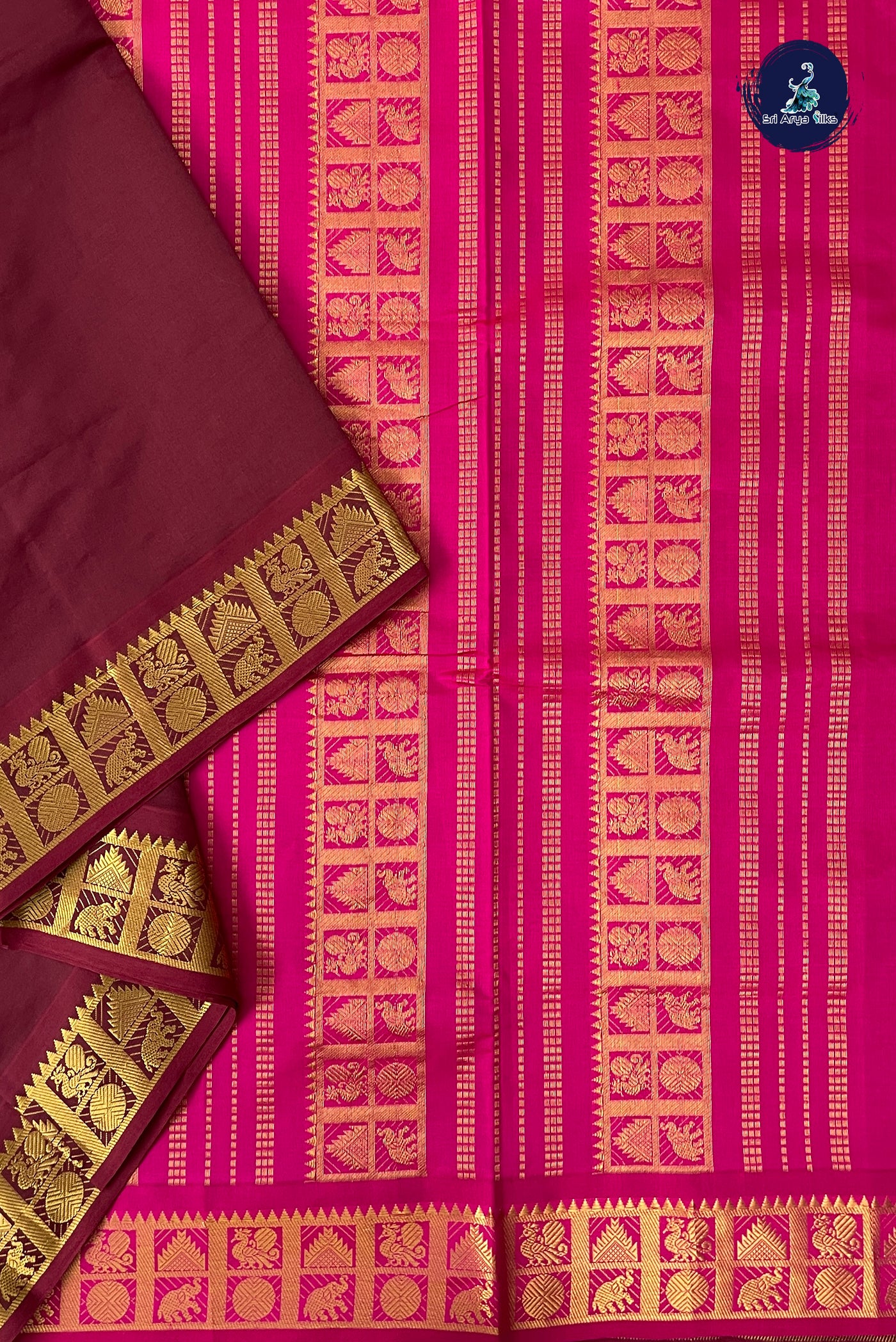 Brown Half Pure Madisar Silk Cotton Saree With Plain Pattern