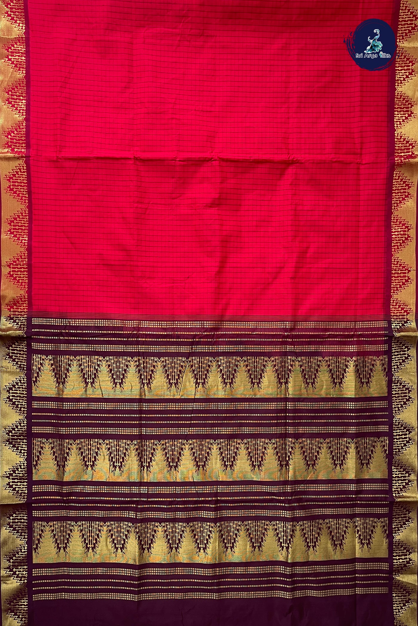 Red Half Pure Madisar Silk Cotton Saree With Checked Pattern