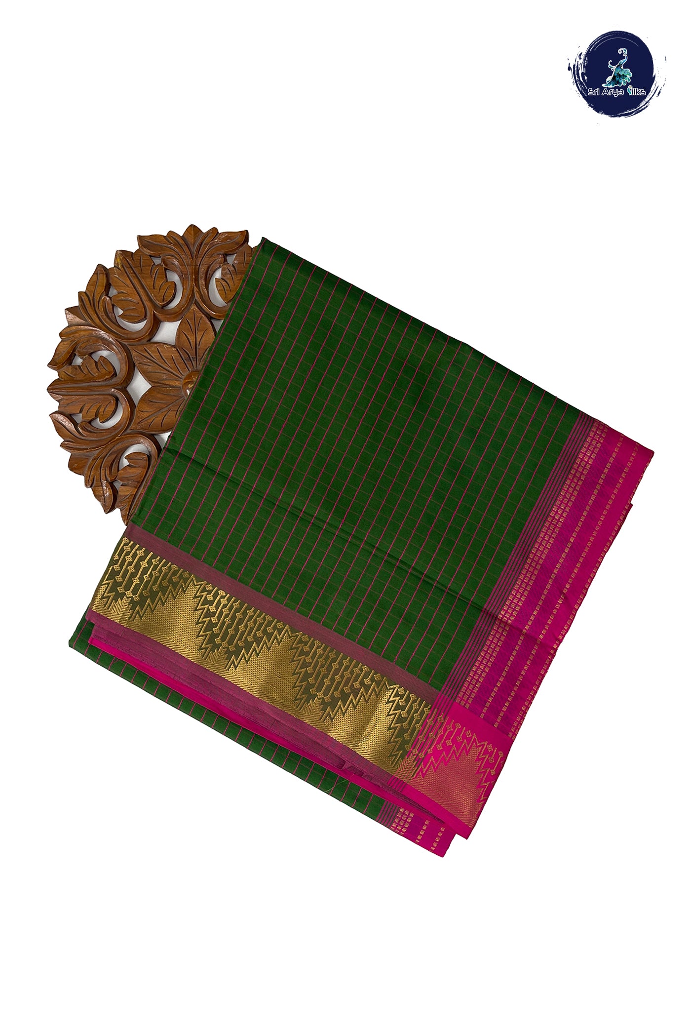 Green Half Pure Madisar Silk Cotton Saree With Checked Pattern