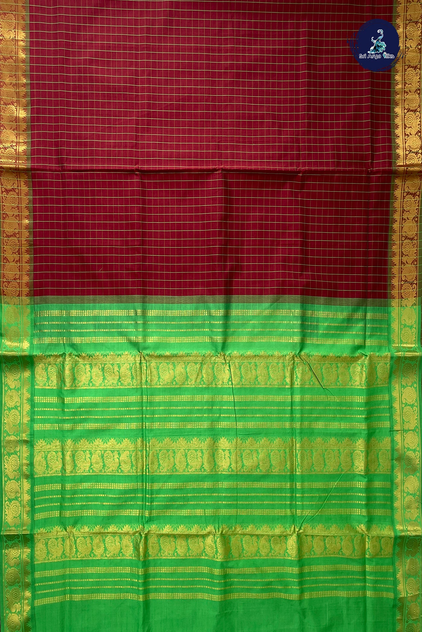 Brown Half Pure Madisar Silk Cotton Saree With Checked Pattern