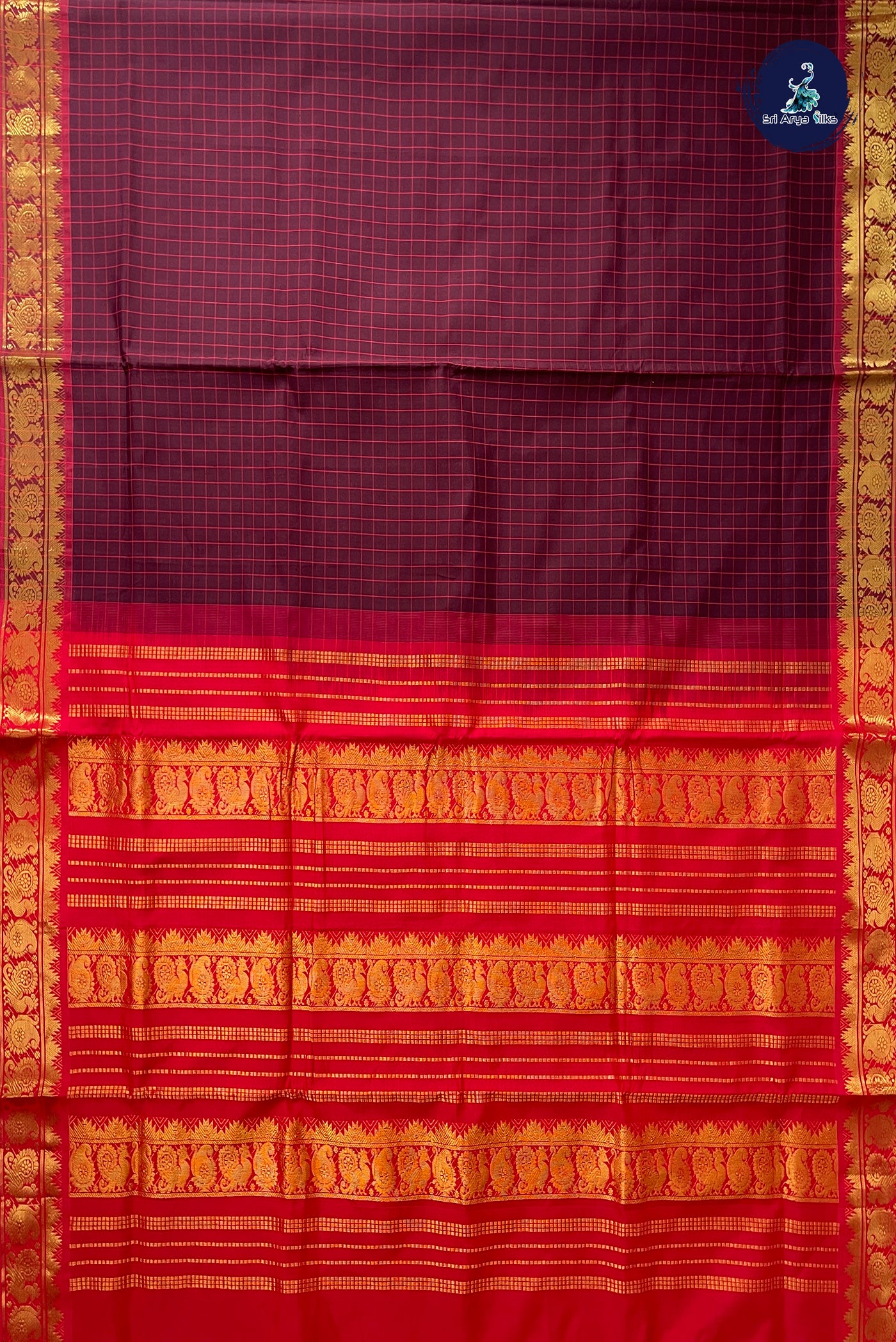 Brown Half Pure Madisar Silk Cotton Saree With Checked Pattern