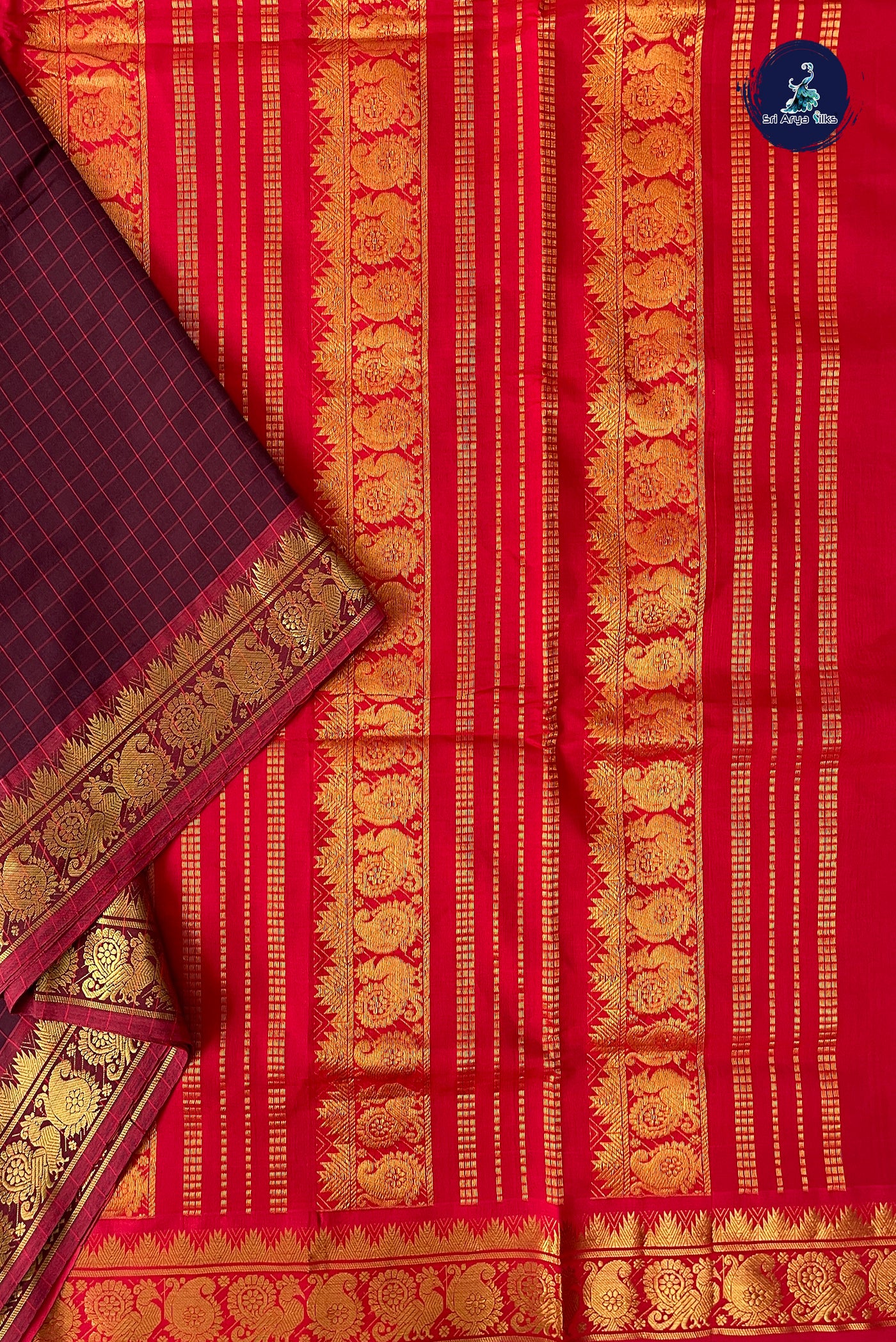 Brown Half Pure Madisar Silk Cotton Saree With Checked Pattern