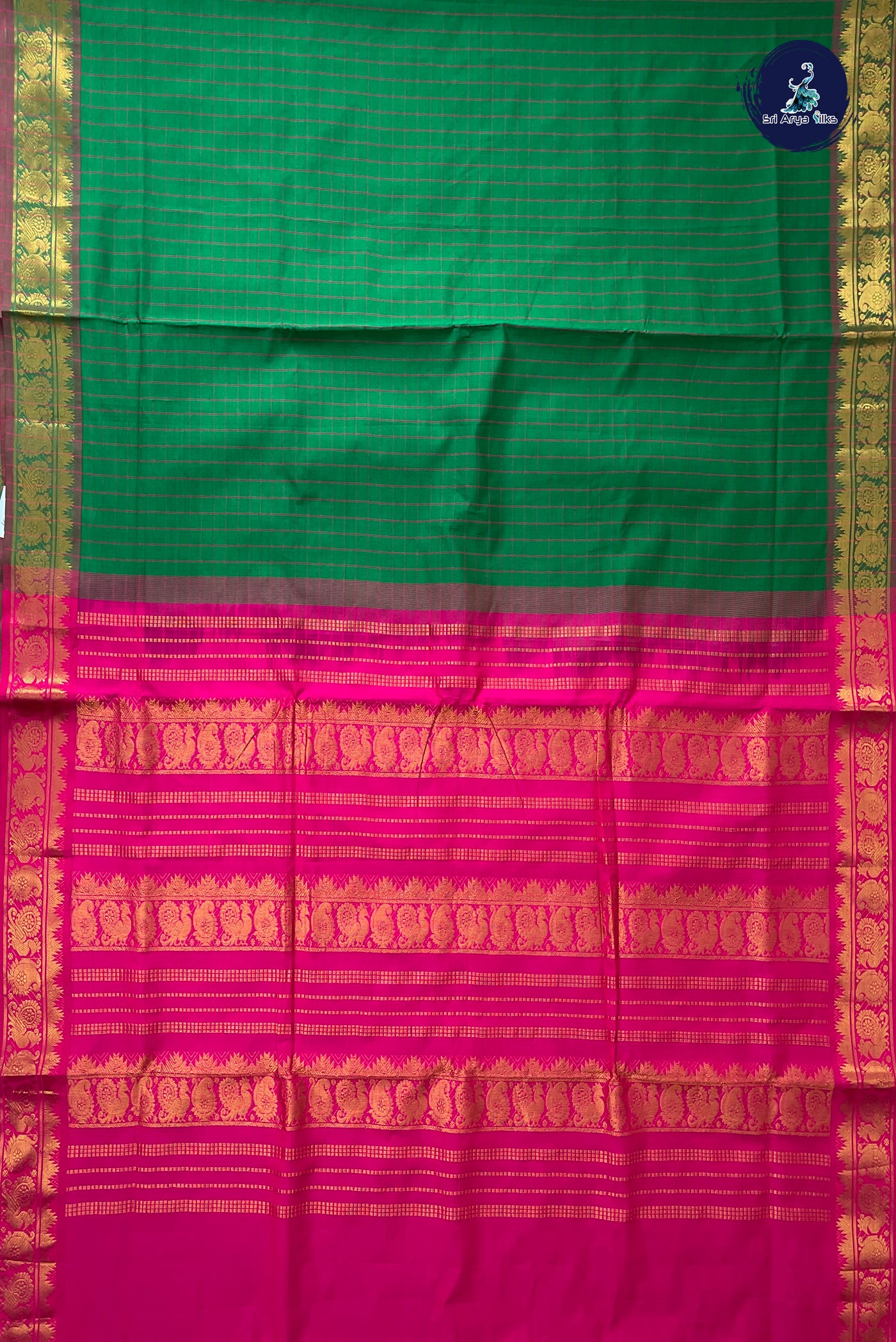 Green Half Pure Madisar Silk Cotton Saree With Checked Pattern