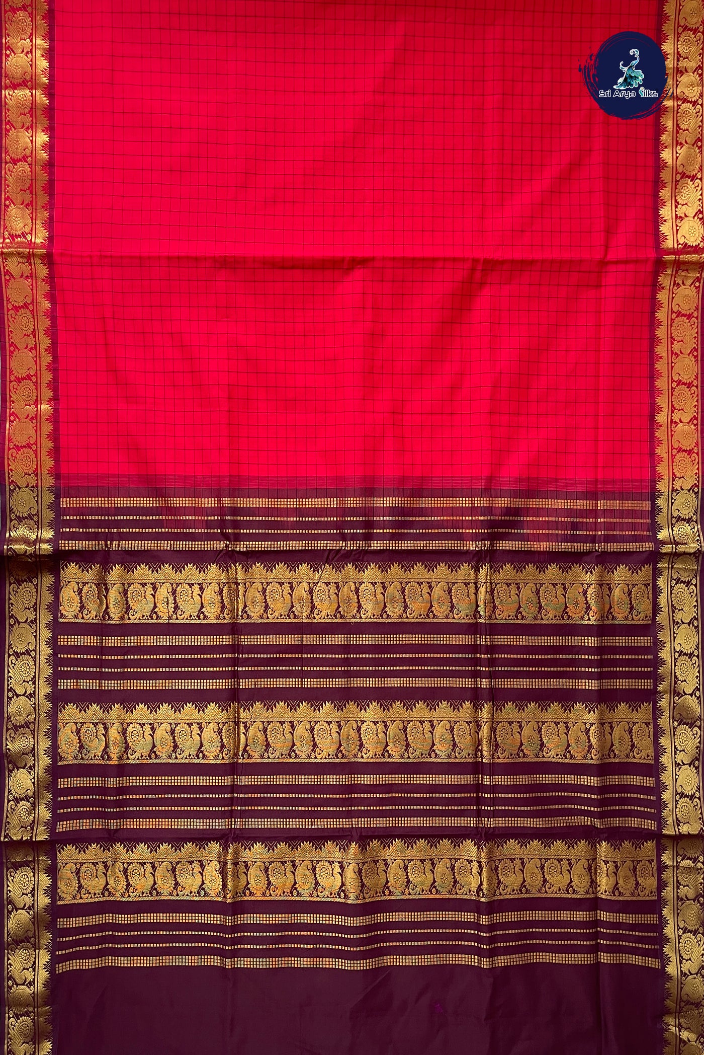 Red Half Pure Madisar Silk Cotton Saree With Checked Pattern