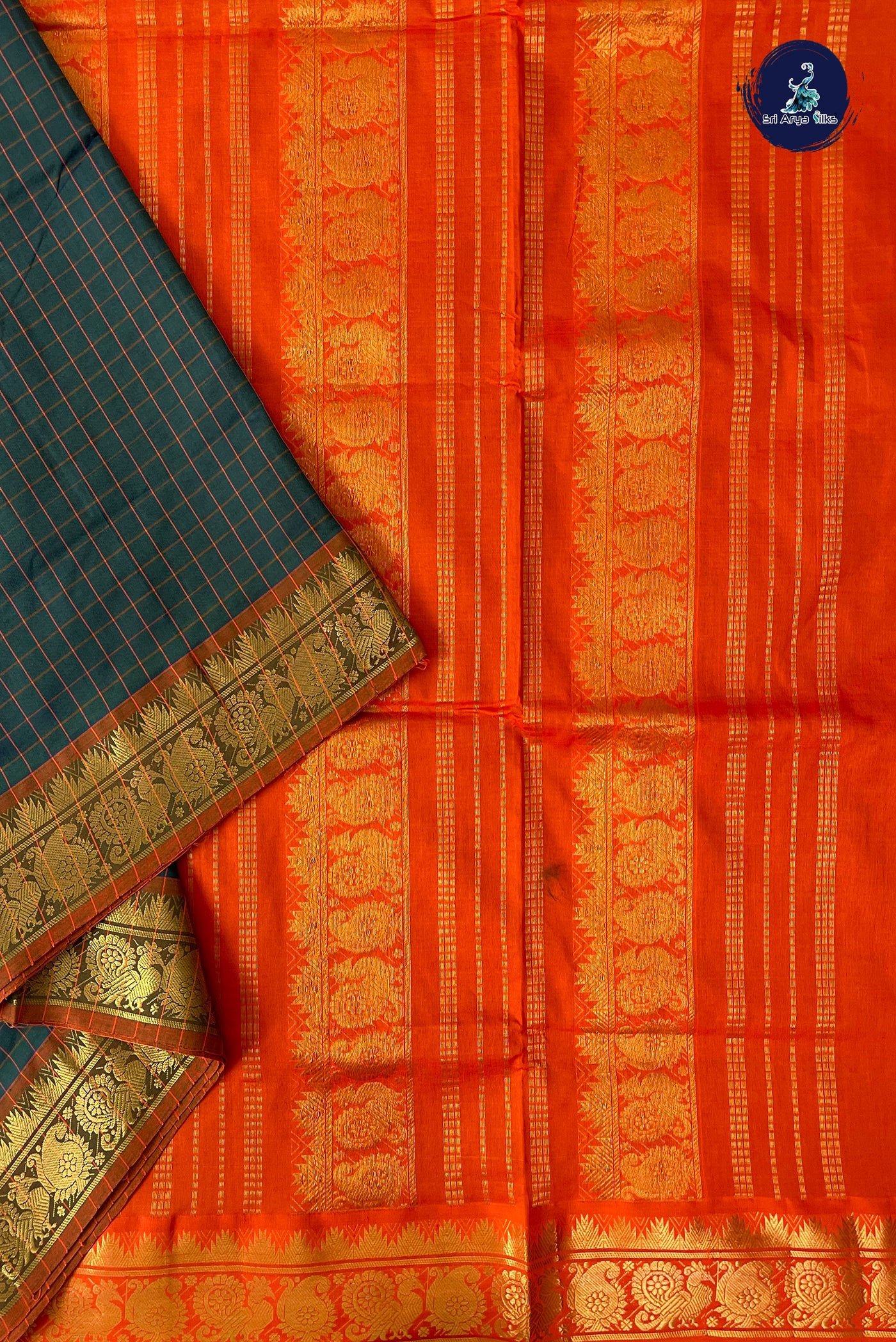 Dark Green Half Pure Madisar Silk Cotton Saree With Checked Pattern