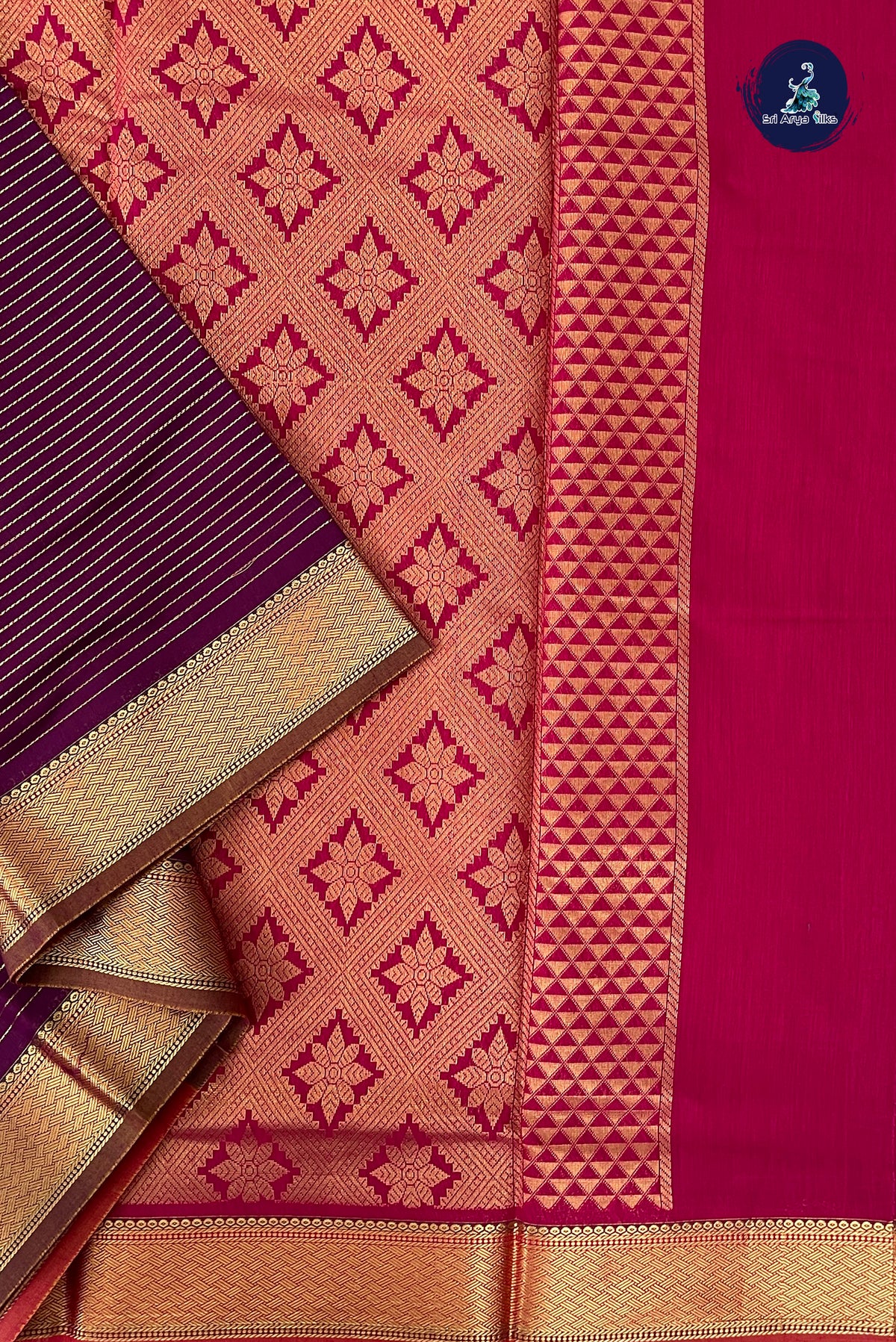 Magenta Purple Madisar Semi Silk Cotton Saree With Vaira Oosi Pattern