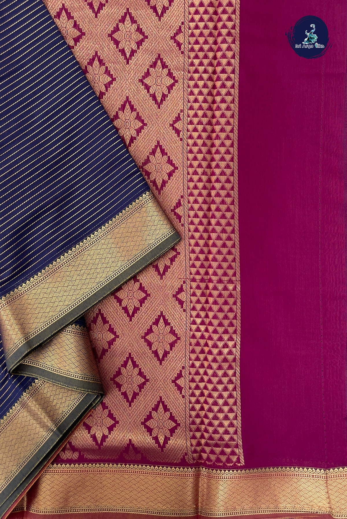 Navy Blue Madisar Semi Silk Cotton Saree With Vaira Oosi Pattern