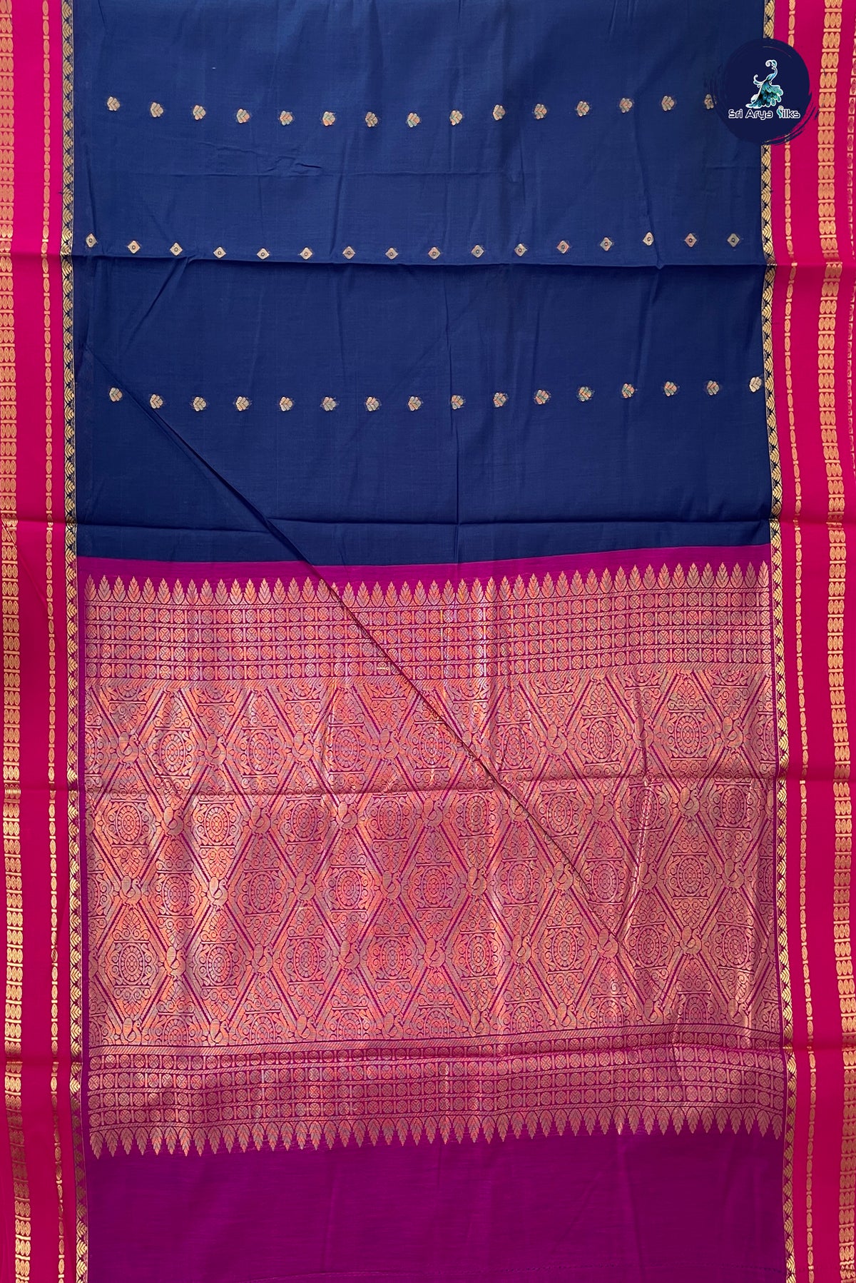 Navy Blue Madisar Semi Silk Cotton Saree With Zari Buttas Pattern
