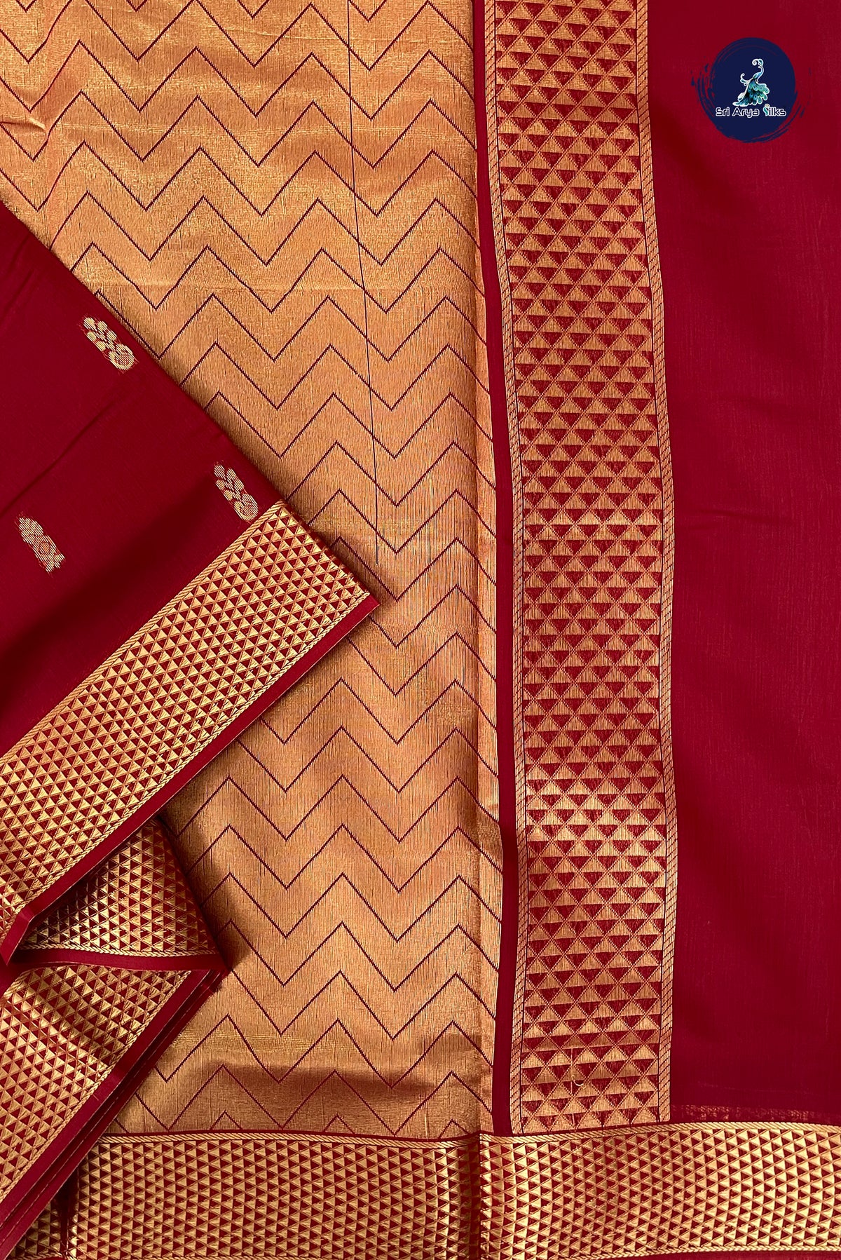 Maroon Madisar Semi Silk Cotton Saree With Zari Buttas Pattern