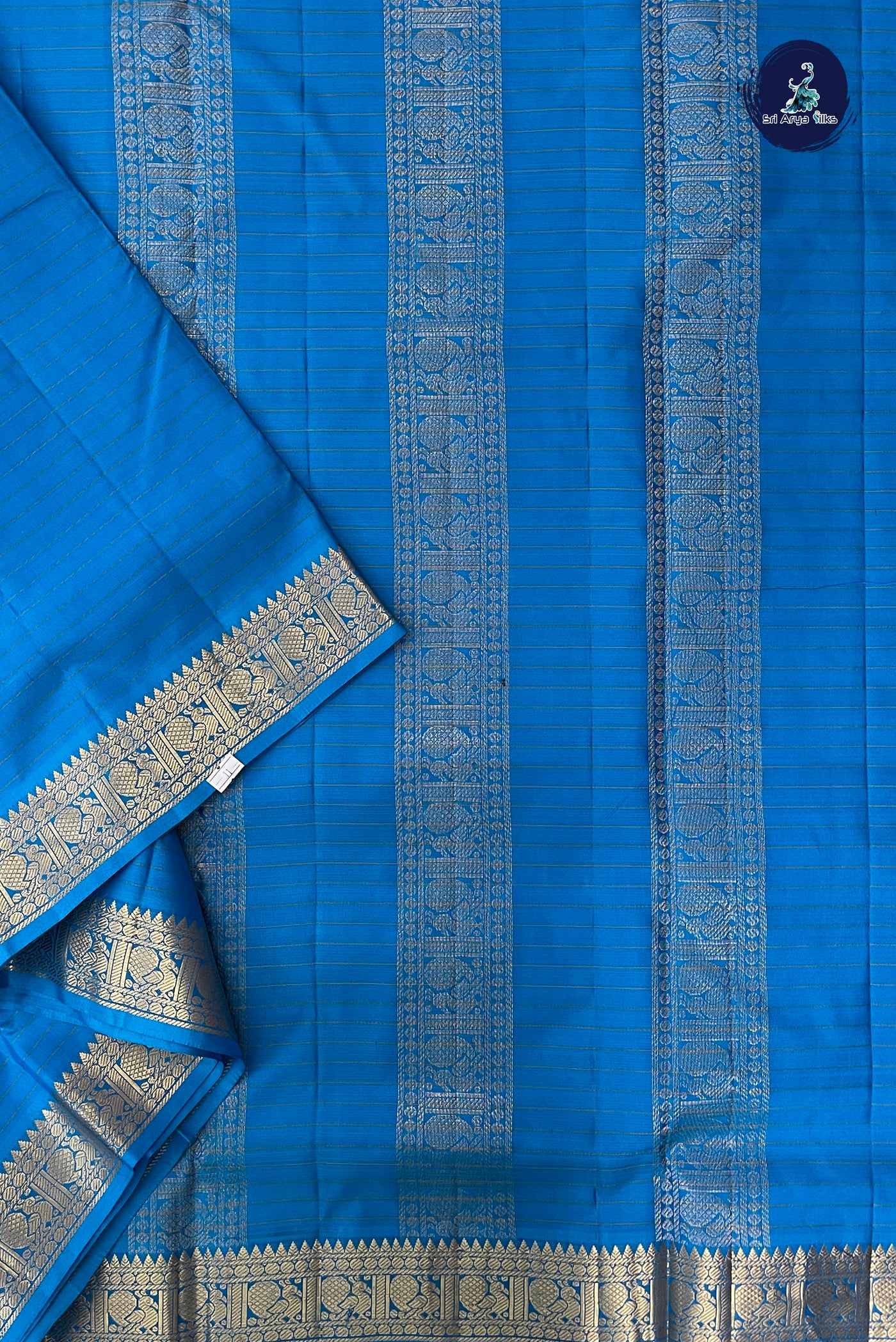 Copper Sulphate Blue Madisar 10 Yards Silk Saree With Stripes Pattern