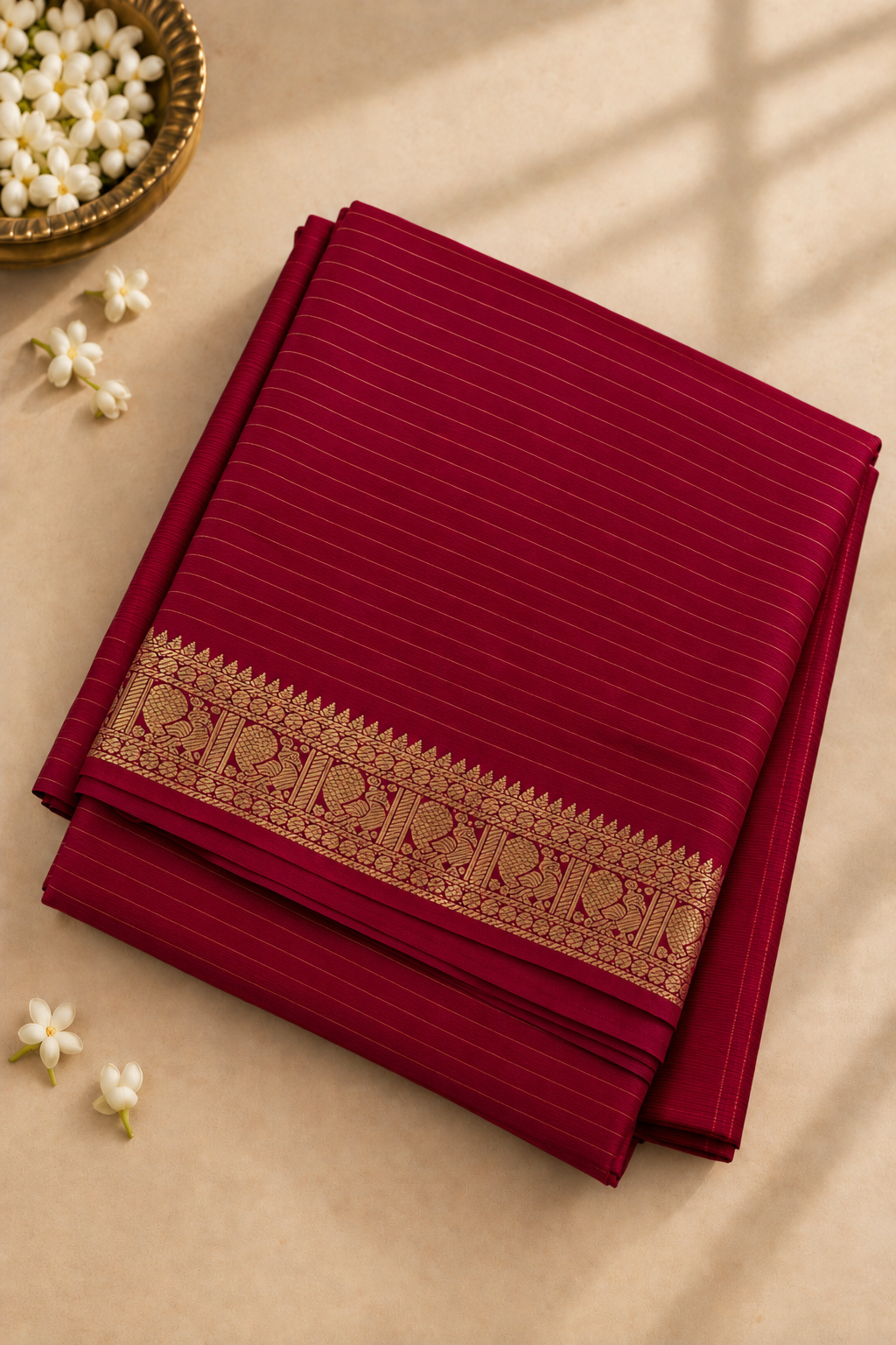 Dark Pink Madisar 10 Yards Silk Saree With Stripes Pattern