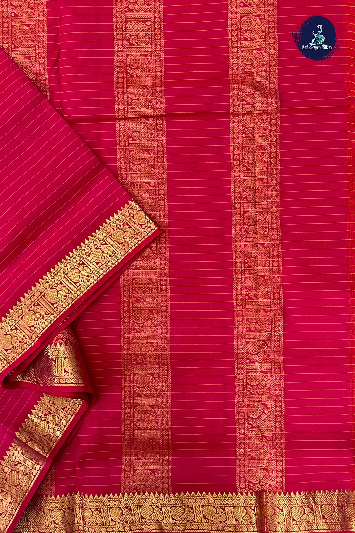 Dark Pink Madisar 10 Yards Silk Saree With Stripes Pattern