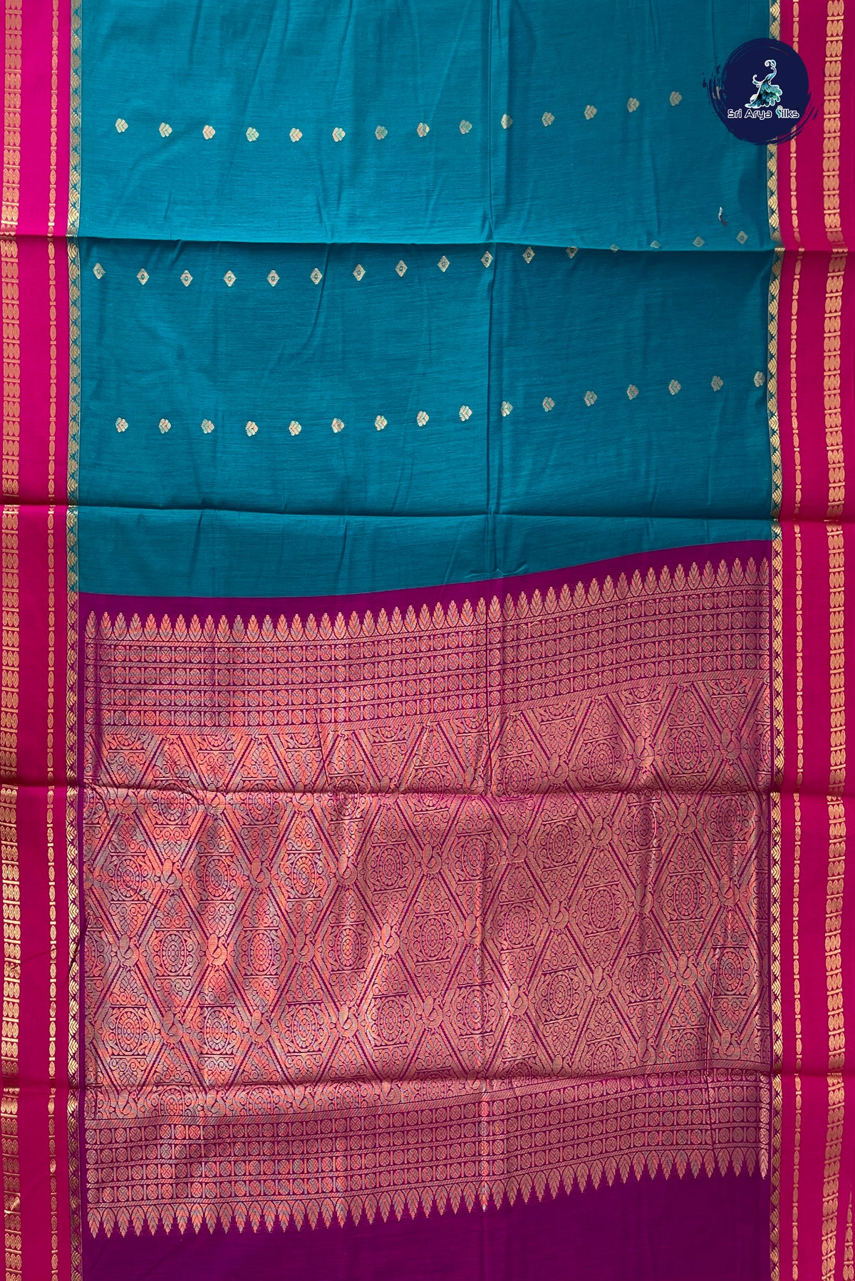 Sapphire Green Madisar Semi Silk Cotton Saree With Zari Buttas Pattern