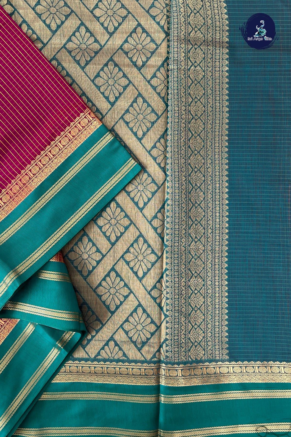 Pinkish Maroon Madisar Semi Silk Cotton Saree With Checked Pattern
