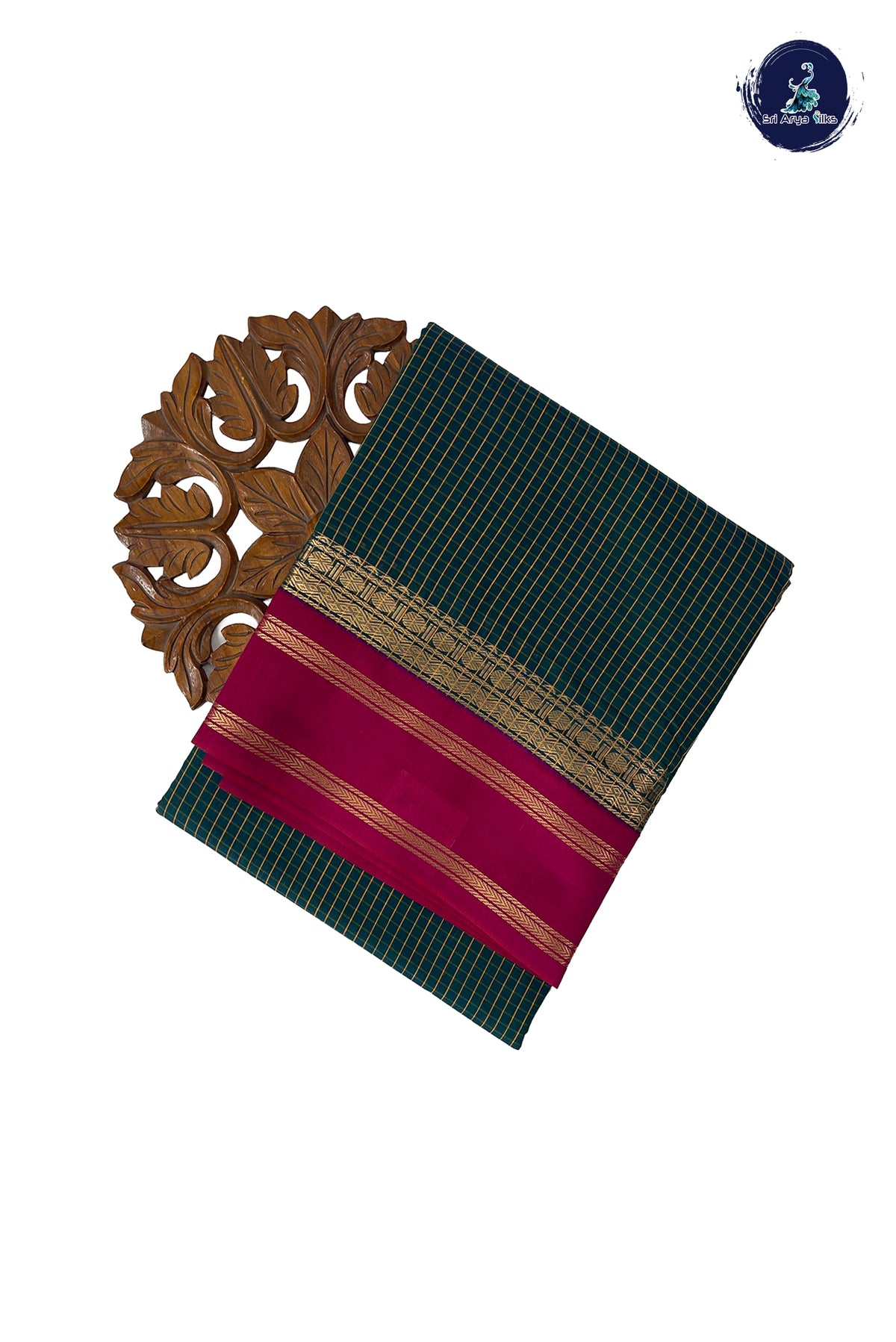 Bottle Green Madisar Semi Silk Cotton Saree With Checked Pattern