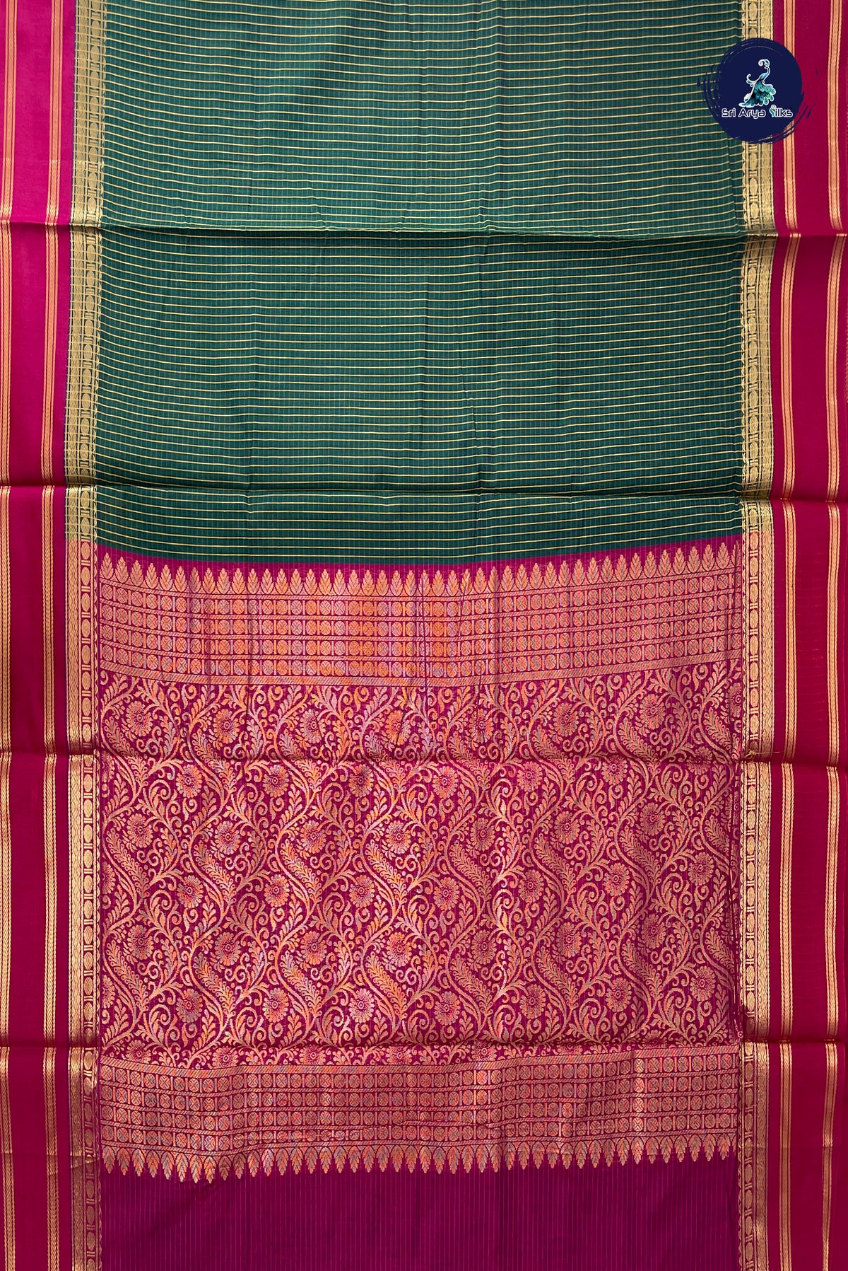 Bottle Green Madisar Semi Silk Cotton Saree With Checked Pattern