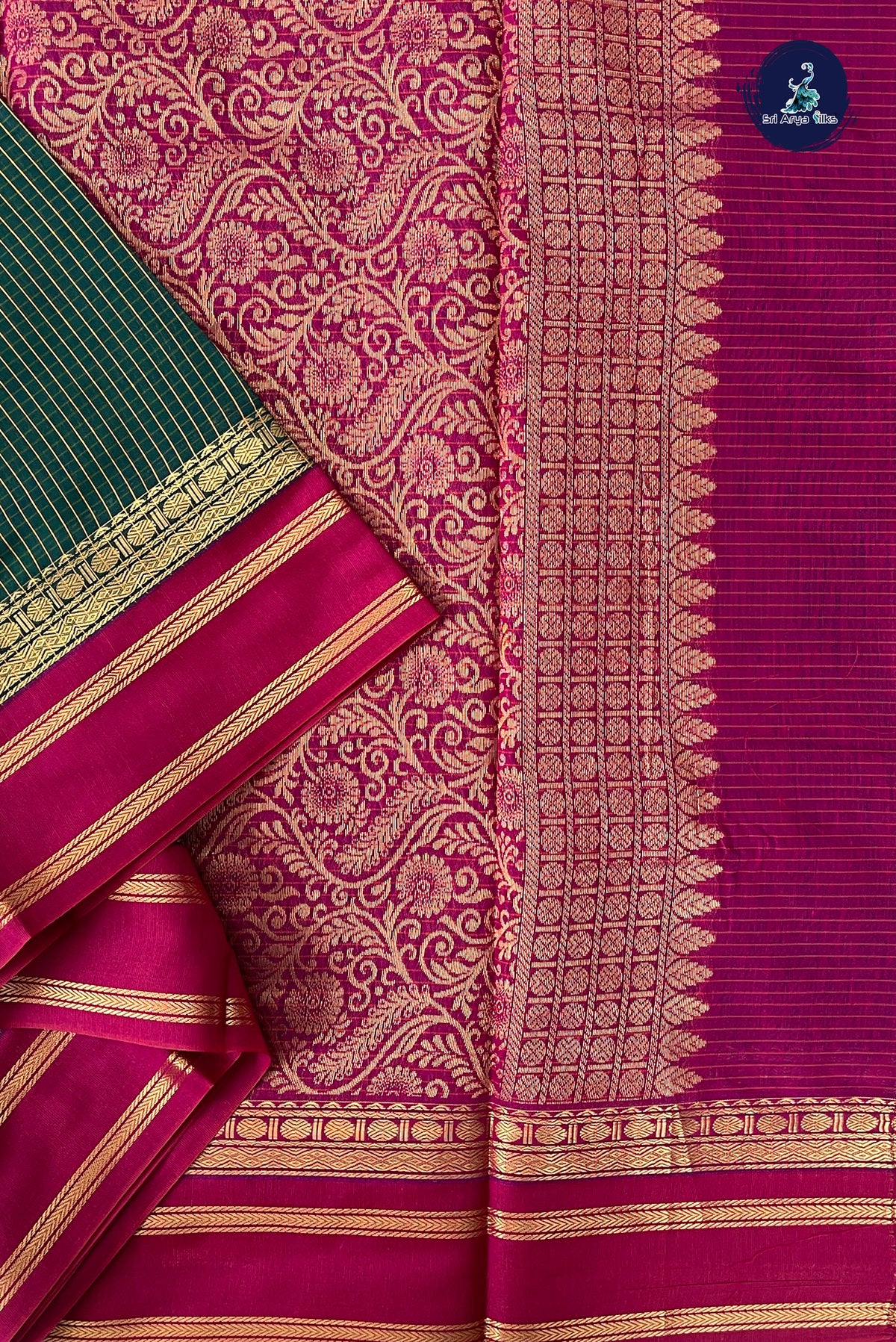 Bottle Green Madisar Semi Silk Cotton Saree With Checked Pattern