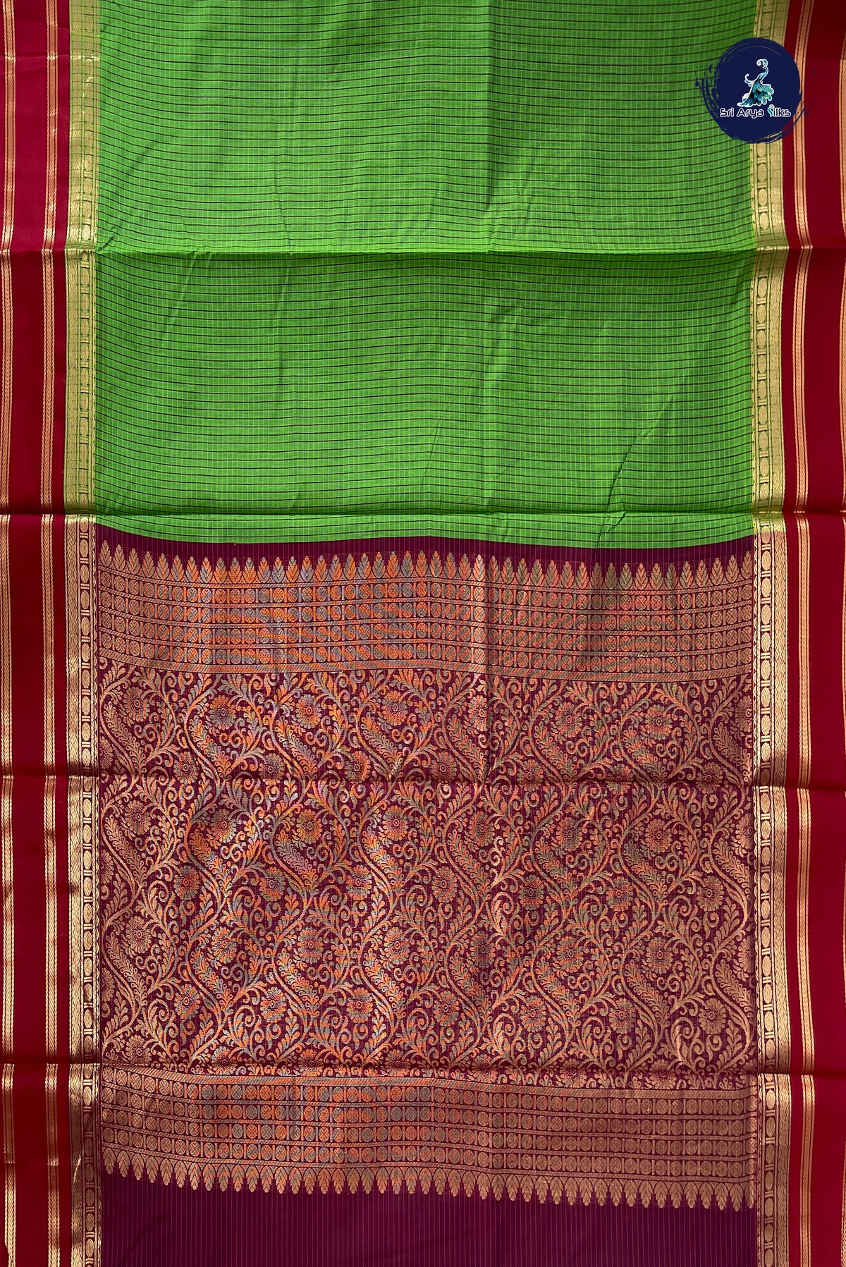 Green Madisar Semi Silk Cotton Saree With Checked Pattern