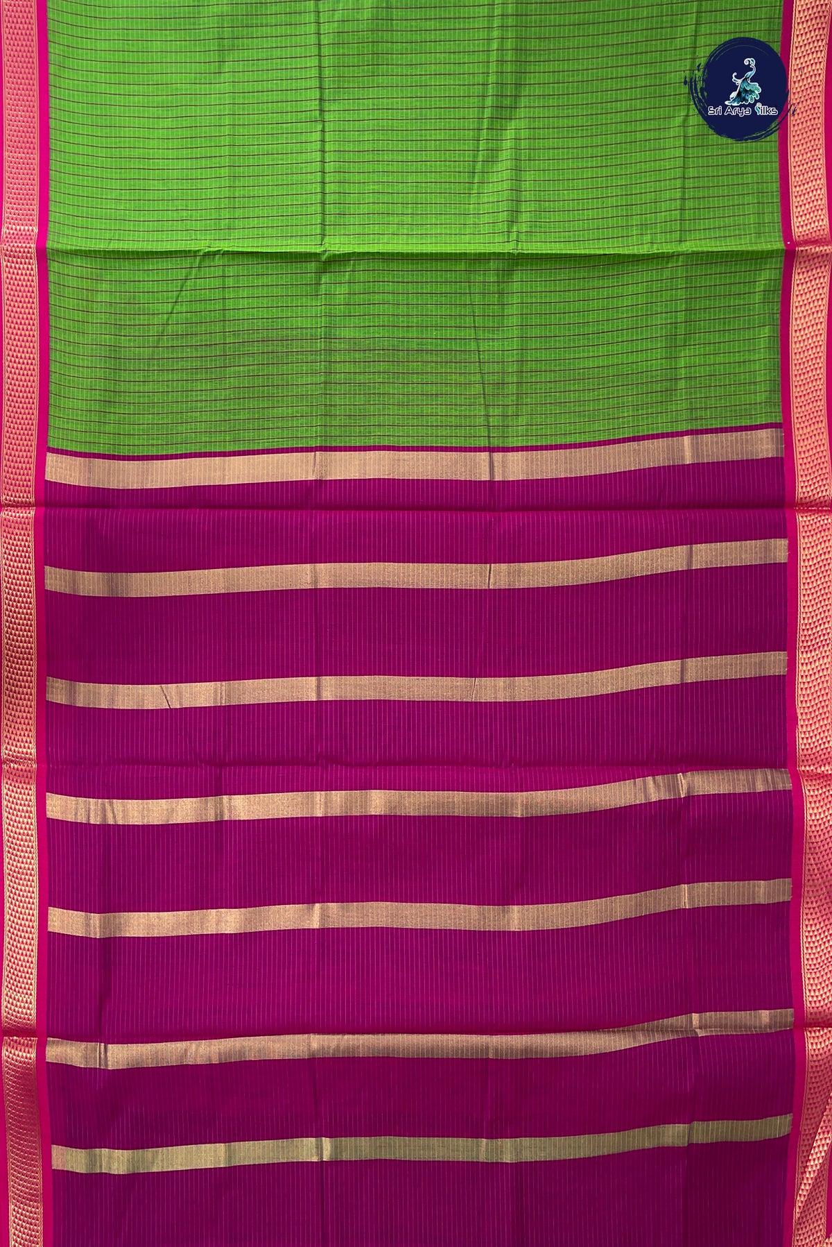 Parrot Green Madisar Semi Silk Cotton Saree With Checked Pattern