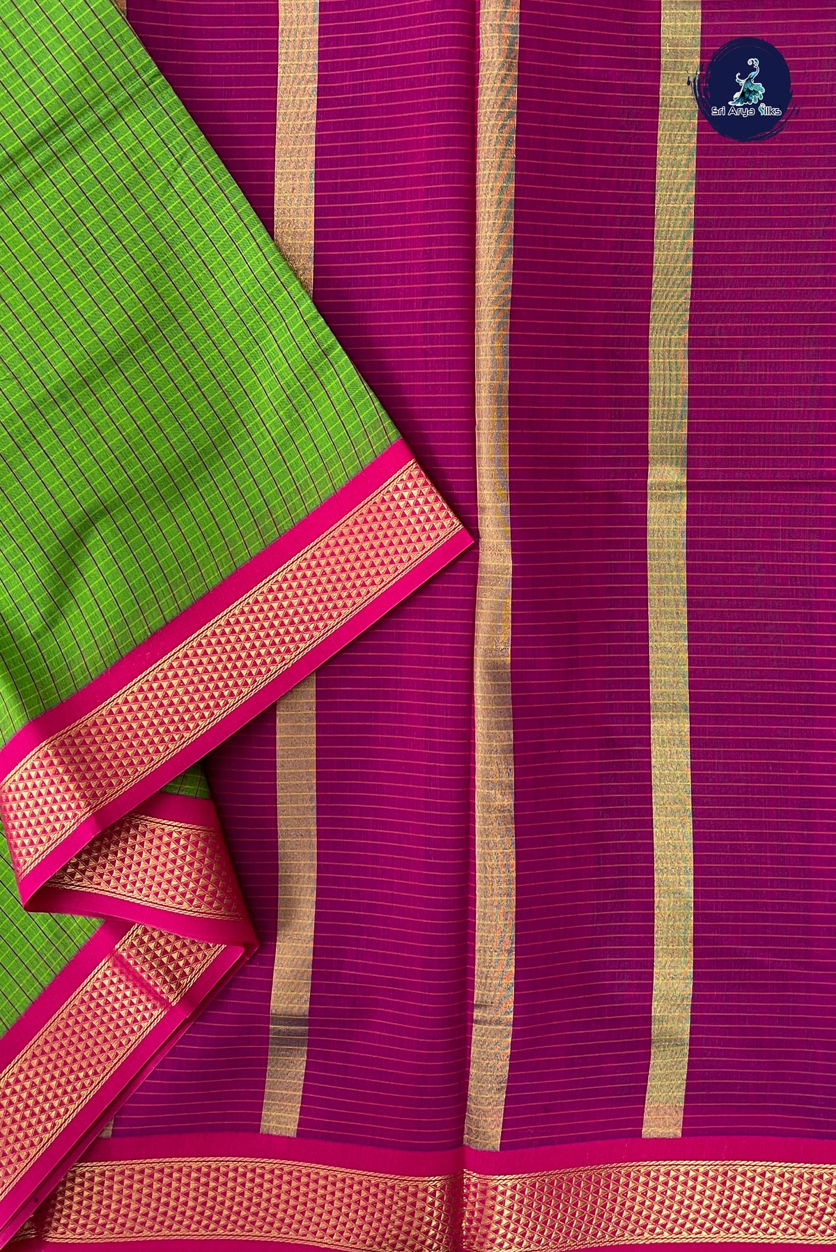 Parrot Green Madisar Semi Silk Cotton Saree With Checked Pattern