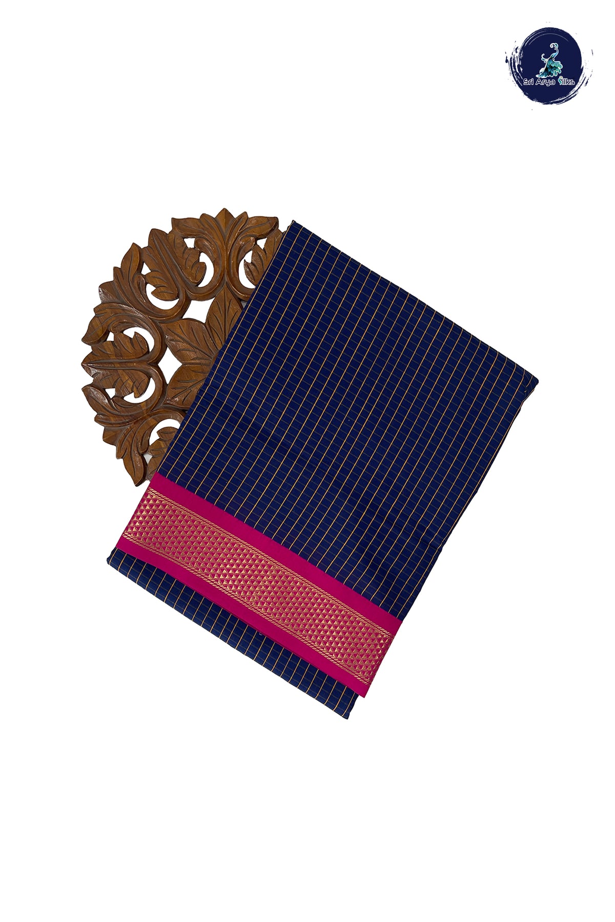 Navy Blue Madisar Semi Silk Cotton Saree With Checked Pattern