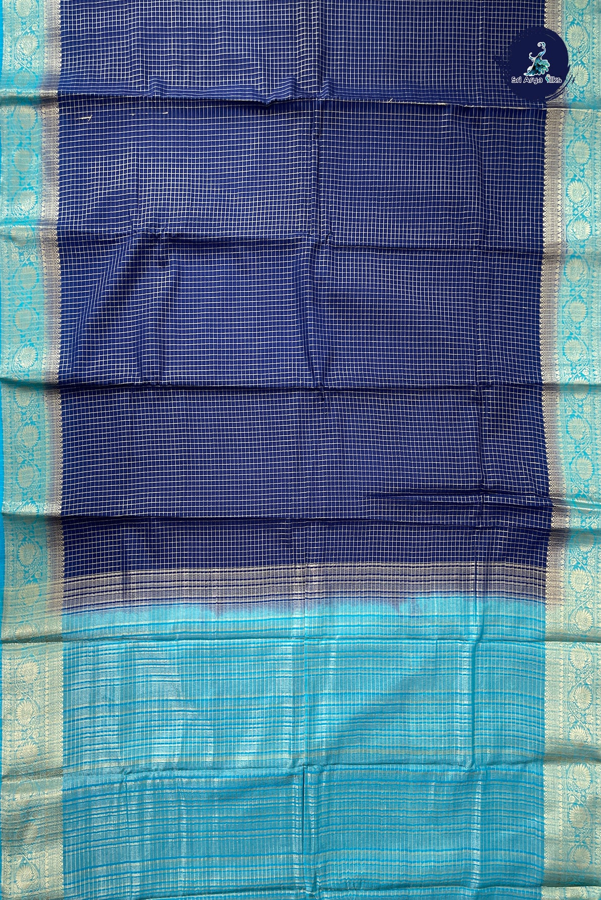 Dark Blue Madisar Semi Silk Saree With Zari Checked Pattern