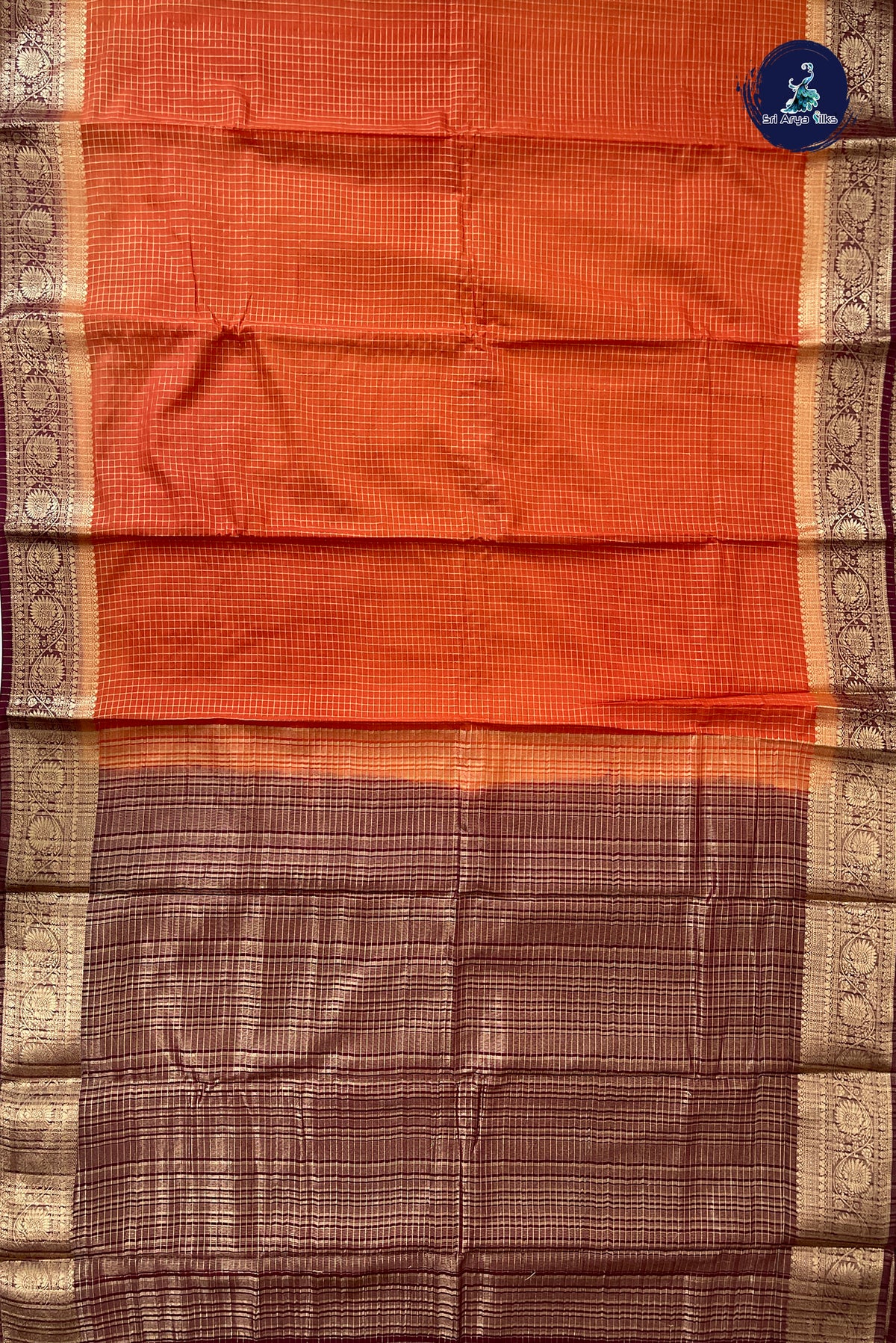 Rust Madisar Semi Silk Saree With Zari Checked Pattern