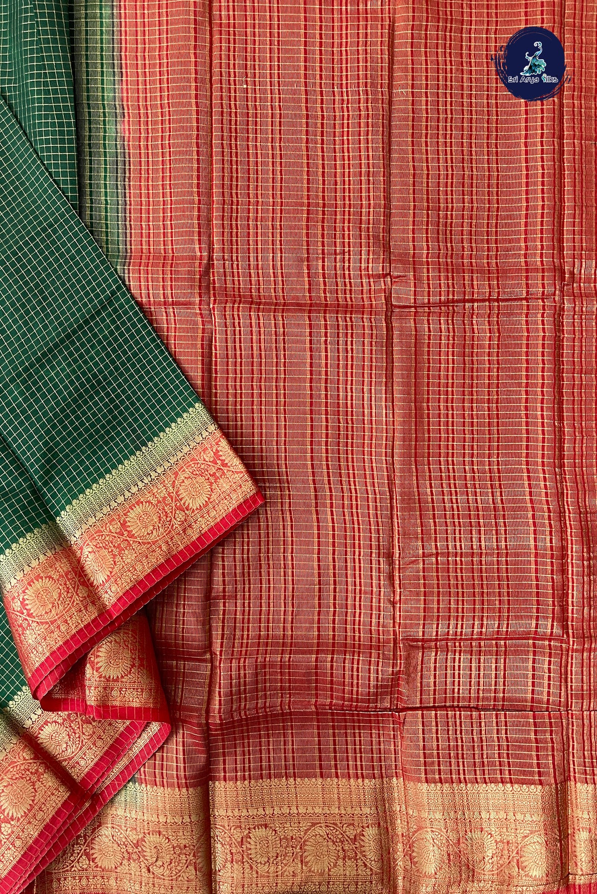 Dark Green Madisar Semi Silk Saree With Zari Checked Pattern
