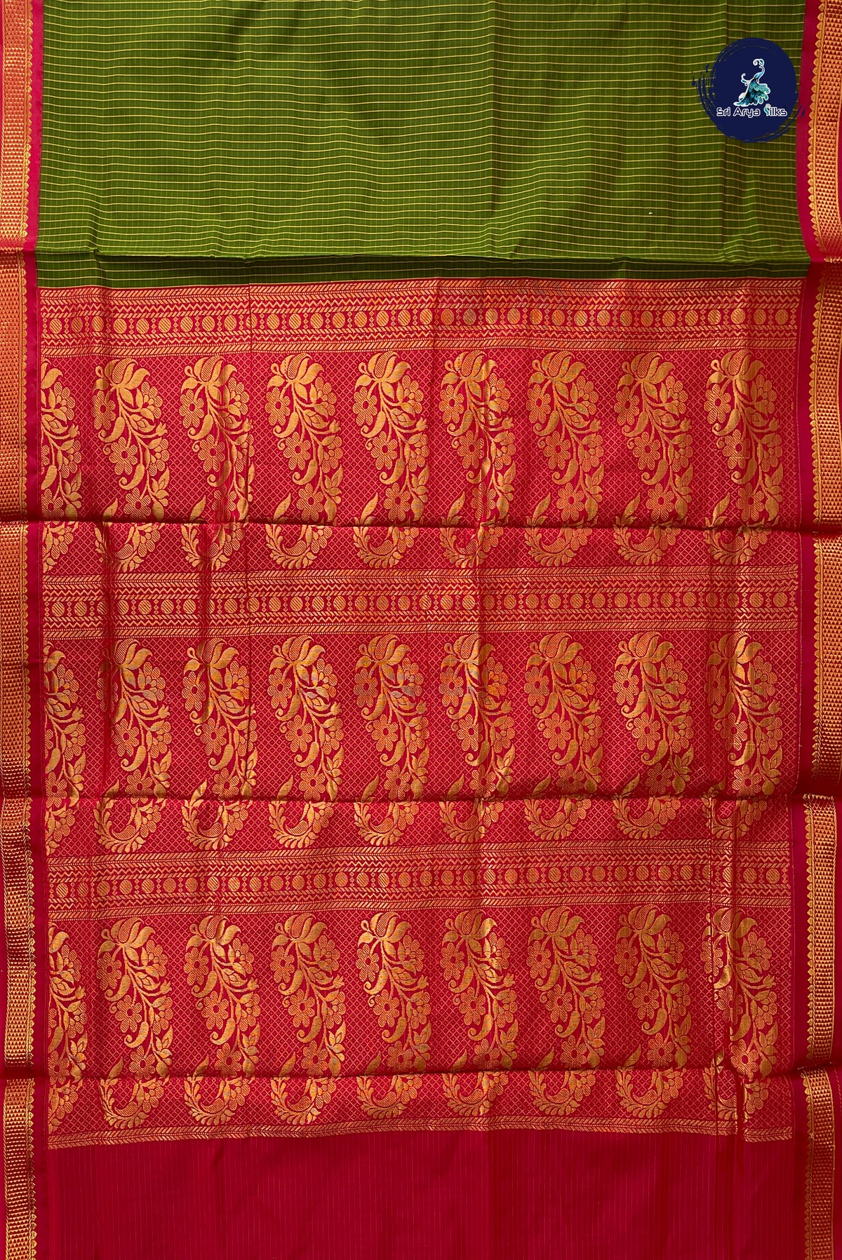 Olive Green Madisar Semi Silk Saree With Checked Pattern