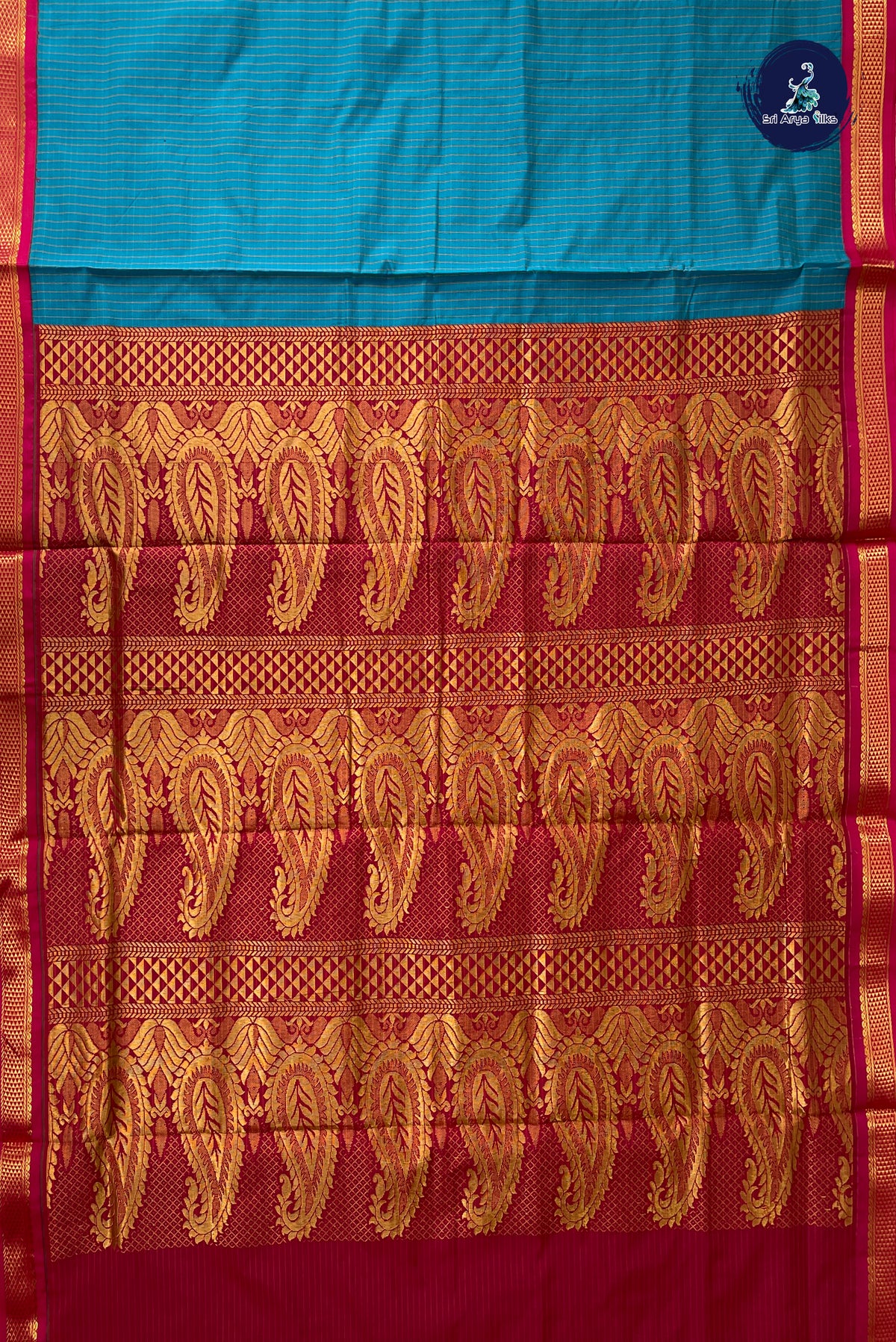 Teal Blue Madisar Semi Silk Saree With Checked Pattern