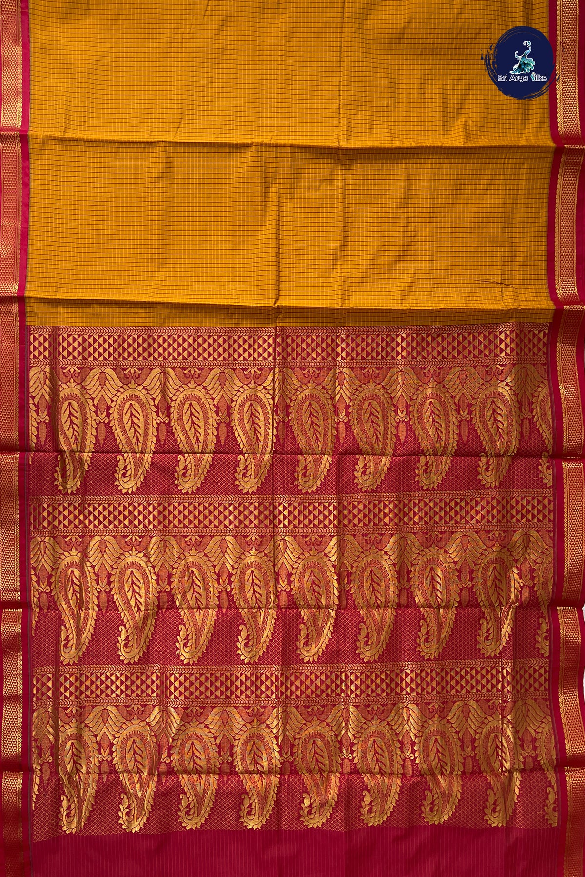 Lite Mustard Orange Madisar Semi Silk Saree With Checked Pattern