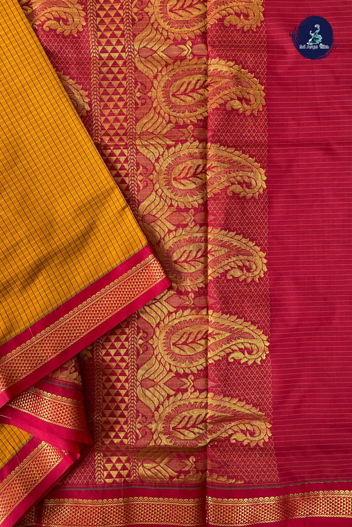 Lite Mustard Orange Madisar Semi Silk Saree With Checked Pattern