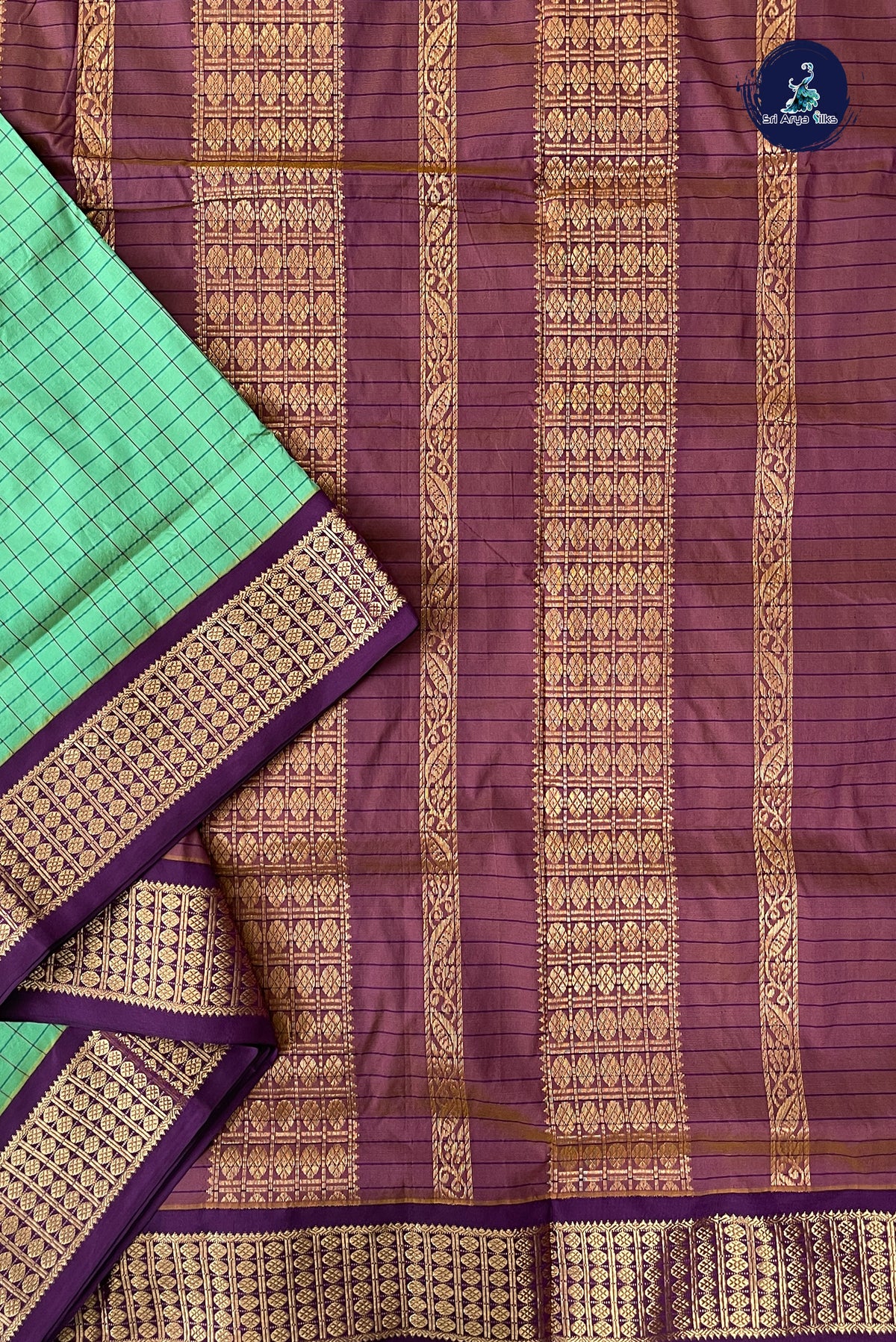 Green Madisar Semi Silk Saree With Checked Pattern