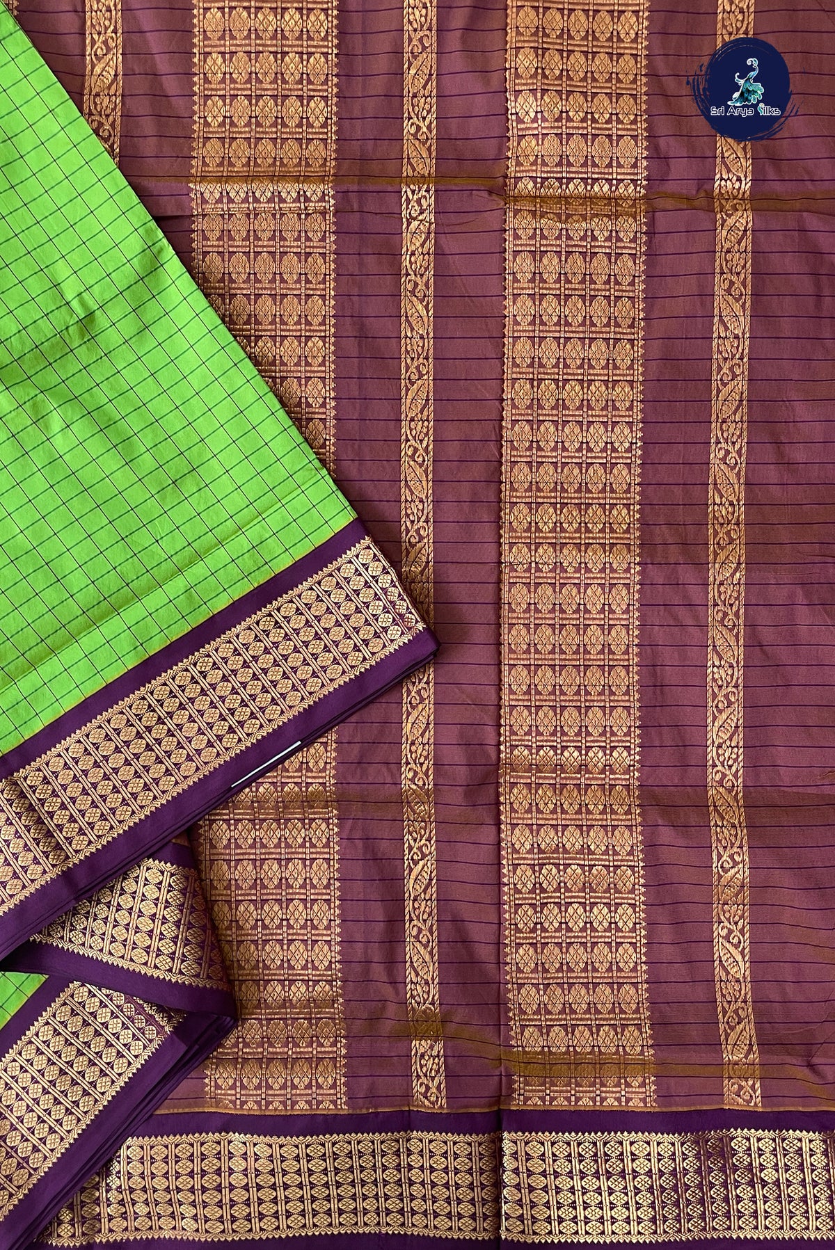 Green Madisar Semi Silk Saree With Checked Pattern