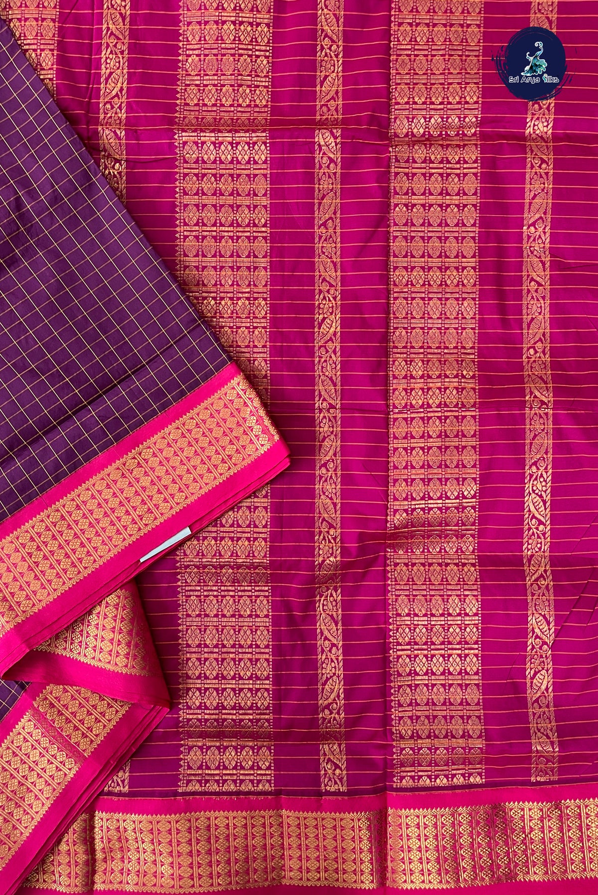 Dark Plum Madisar Semi Silk Saree With Checked Pattern