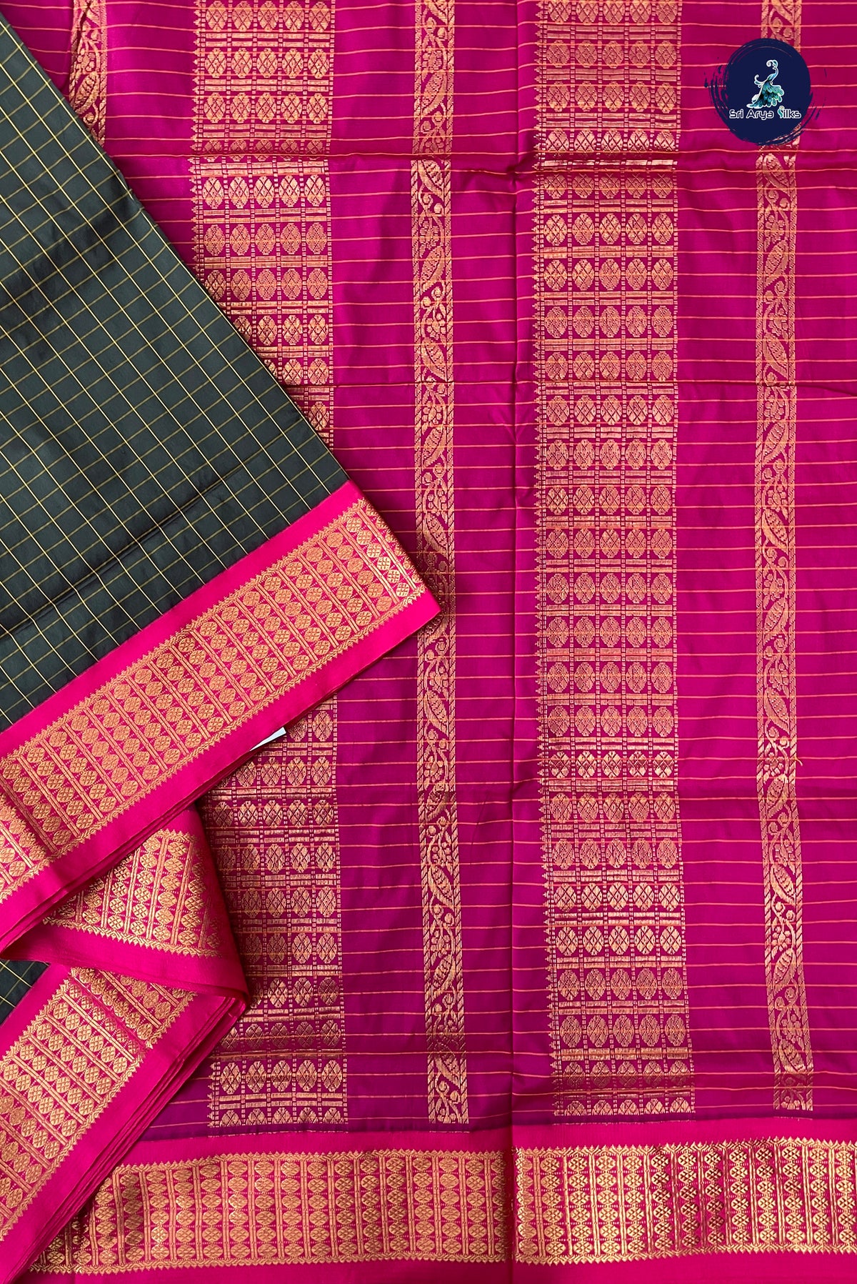 Dark Green Madisar Semi Silk Saree With Checked Pattern