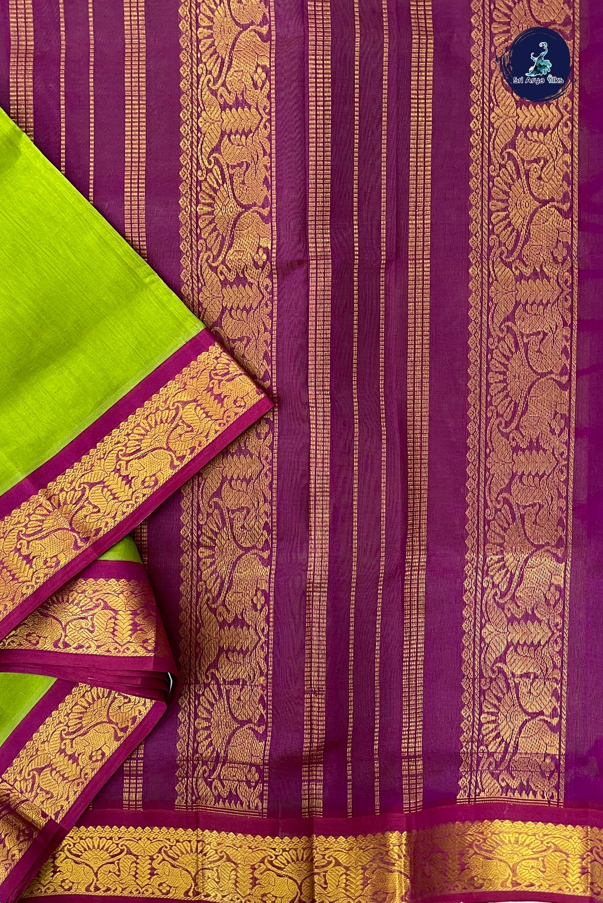 Lime Green Madisar Silk Cotton Saree With Plain Pattern