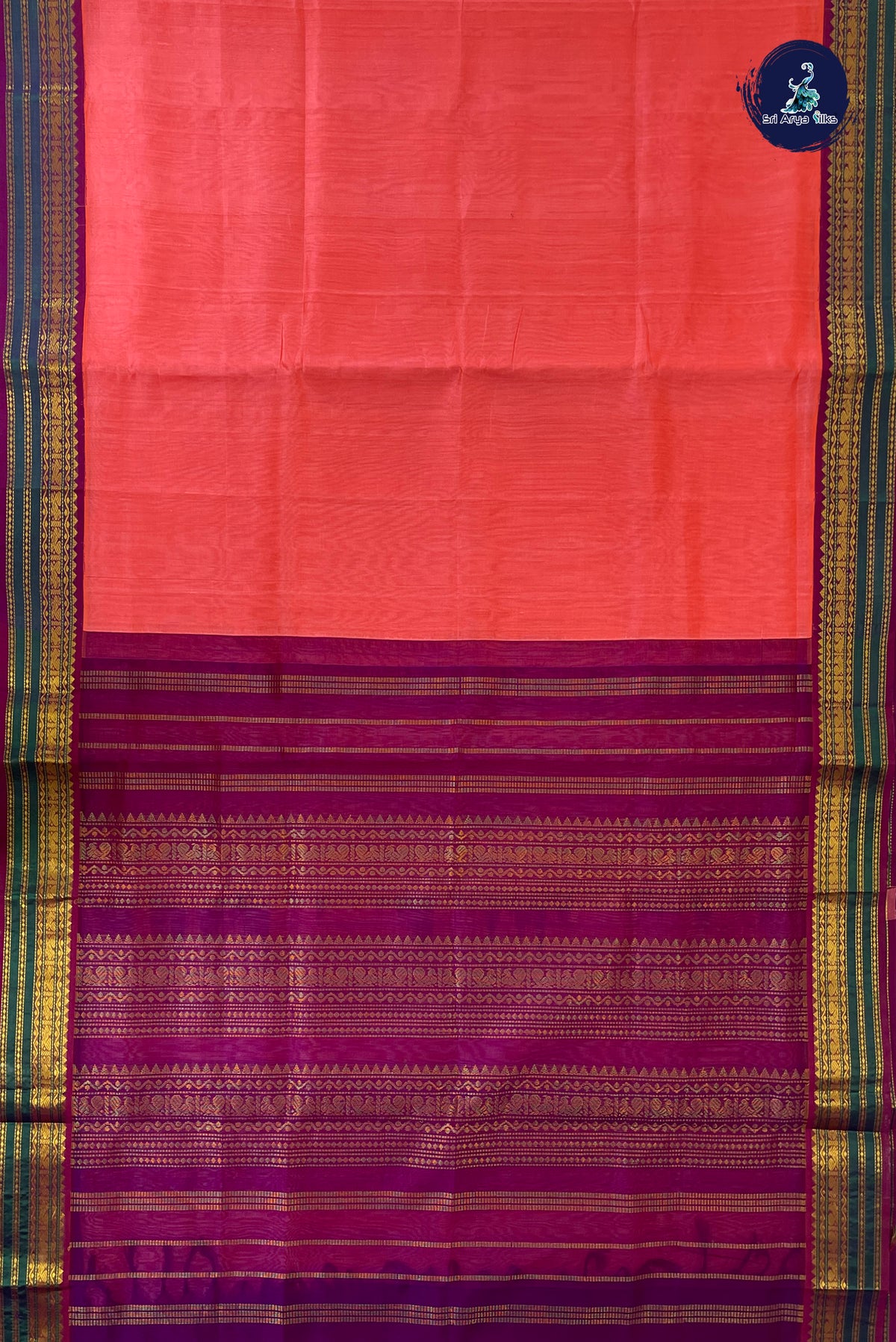 Peach Pink Madisar Silk Cotton Saree With Plain Pattern