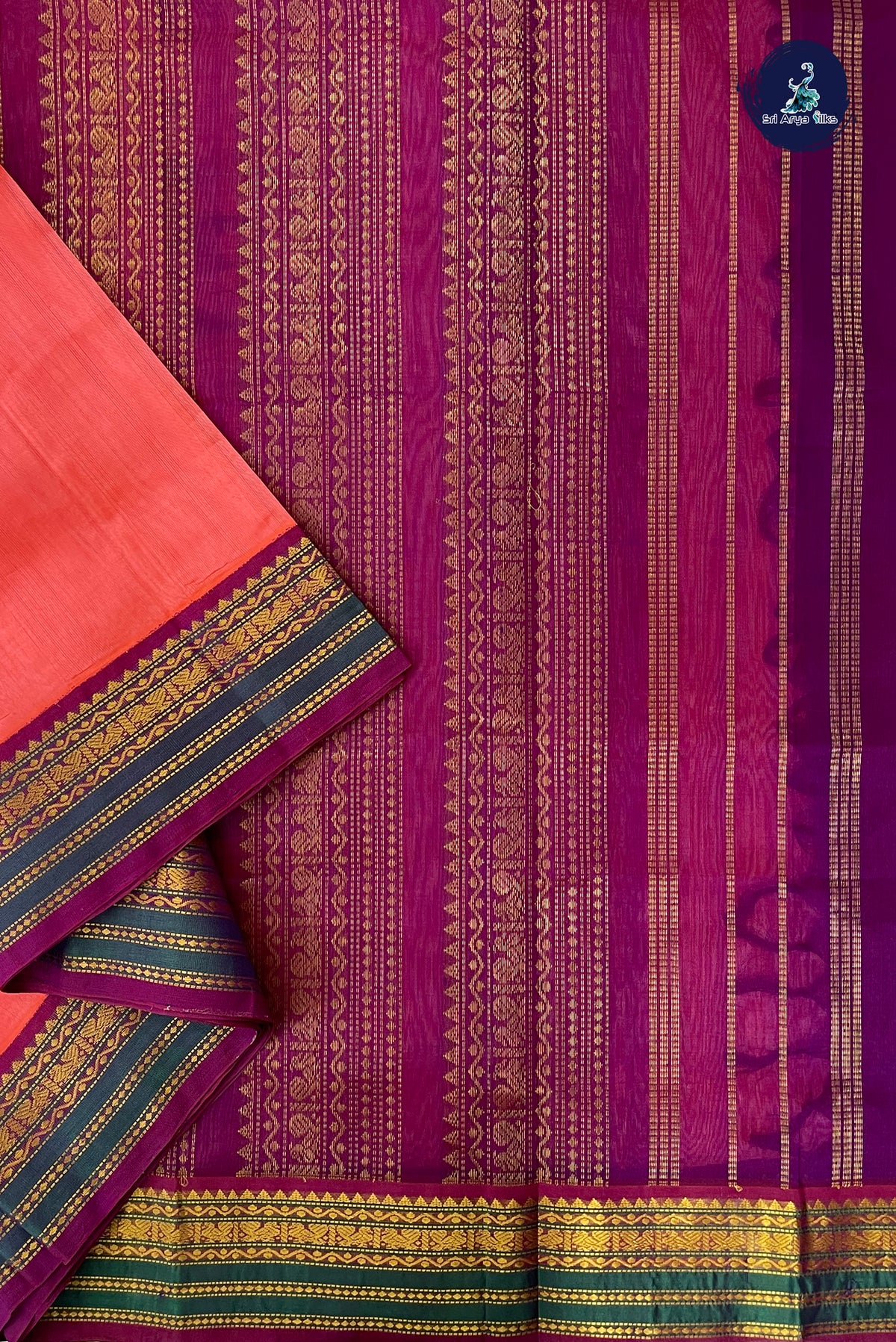 Peach Pink Madisar Silk Cotton Saree With Plain Pattern