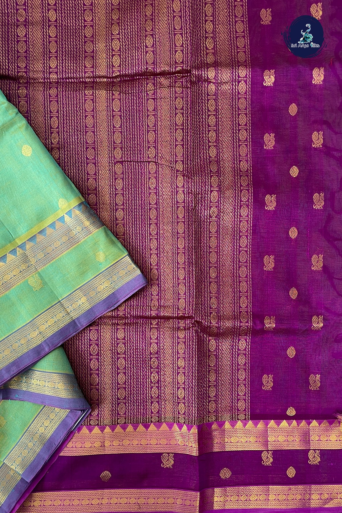 Dual Tone Green Madisar Silk Cotton Saree With Zari Buttas Pattern