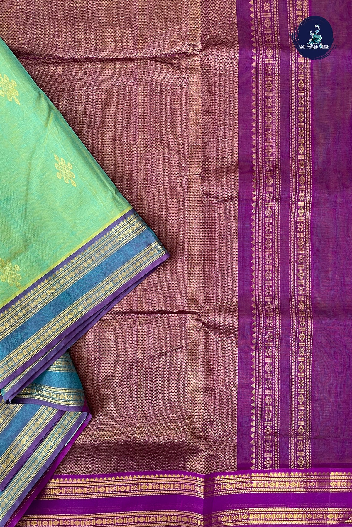 Sea Green Madisar Silk Cotton Saree With Zari Buttas Pattern