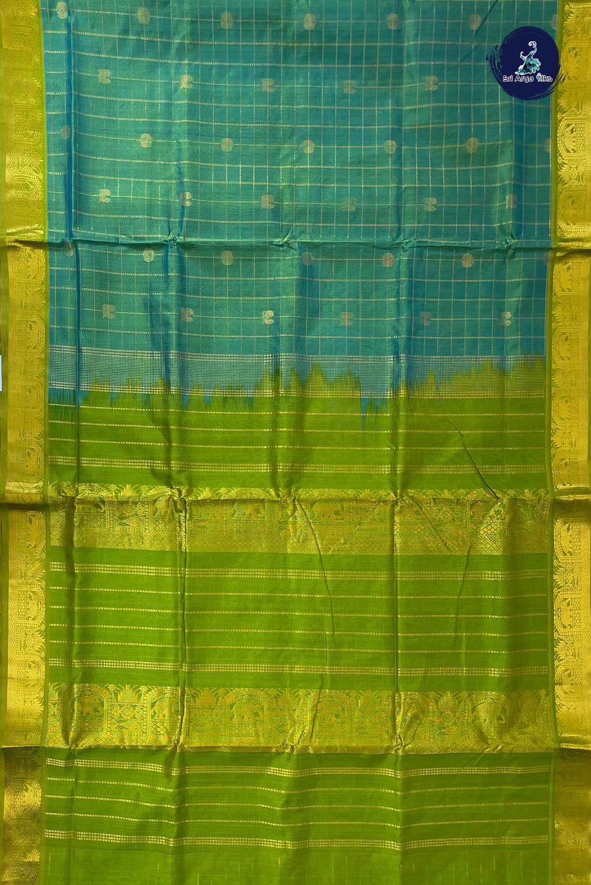 Bluish Green Madisar Silk Cotton Saree With Zari Checked Pattern
