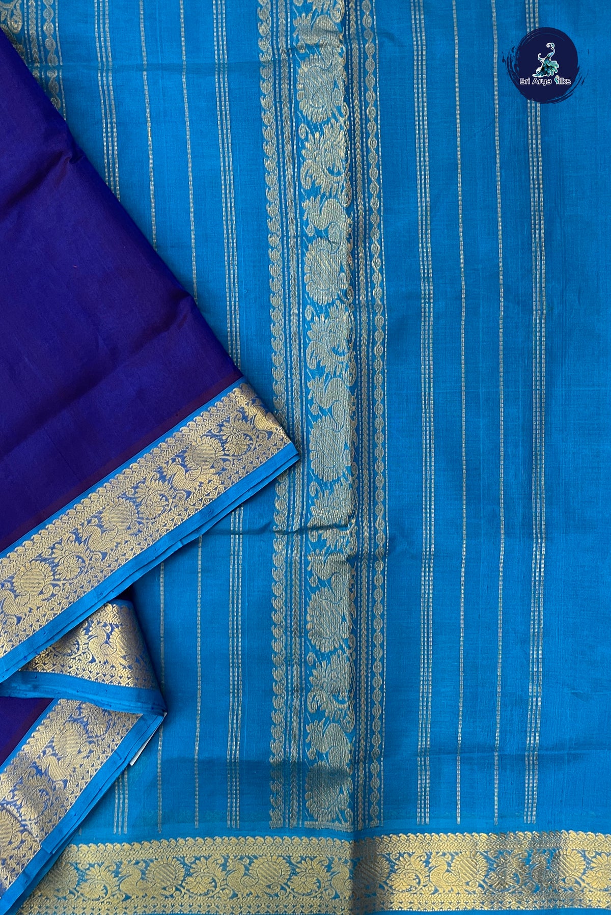 Dark Blue Madisar Silk Cotton Saree With Plain Pattern