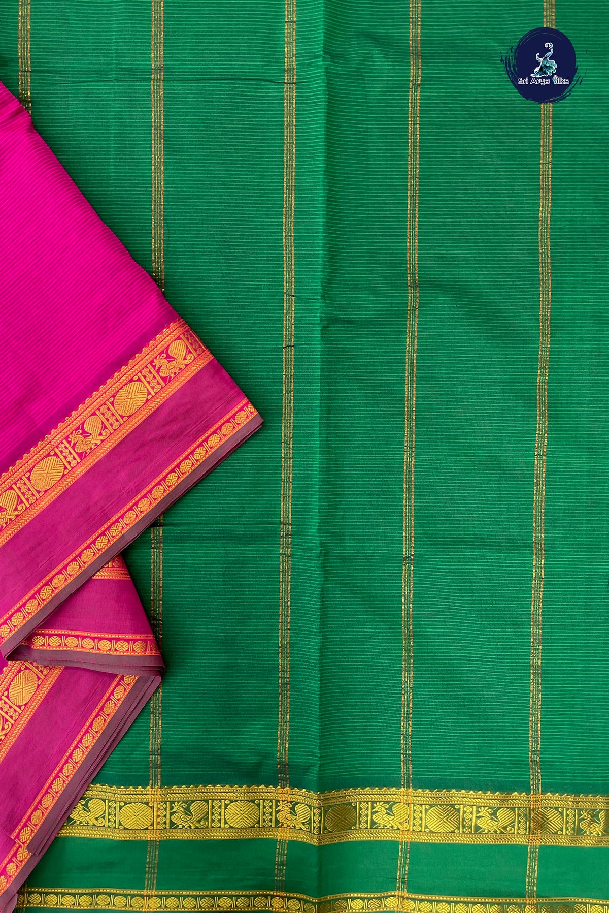 Dark Pink Half Pure Madisar Silk Cotton Saree With Doria Lines Pattern